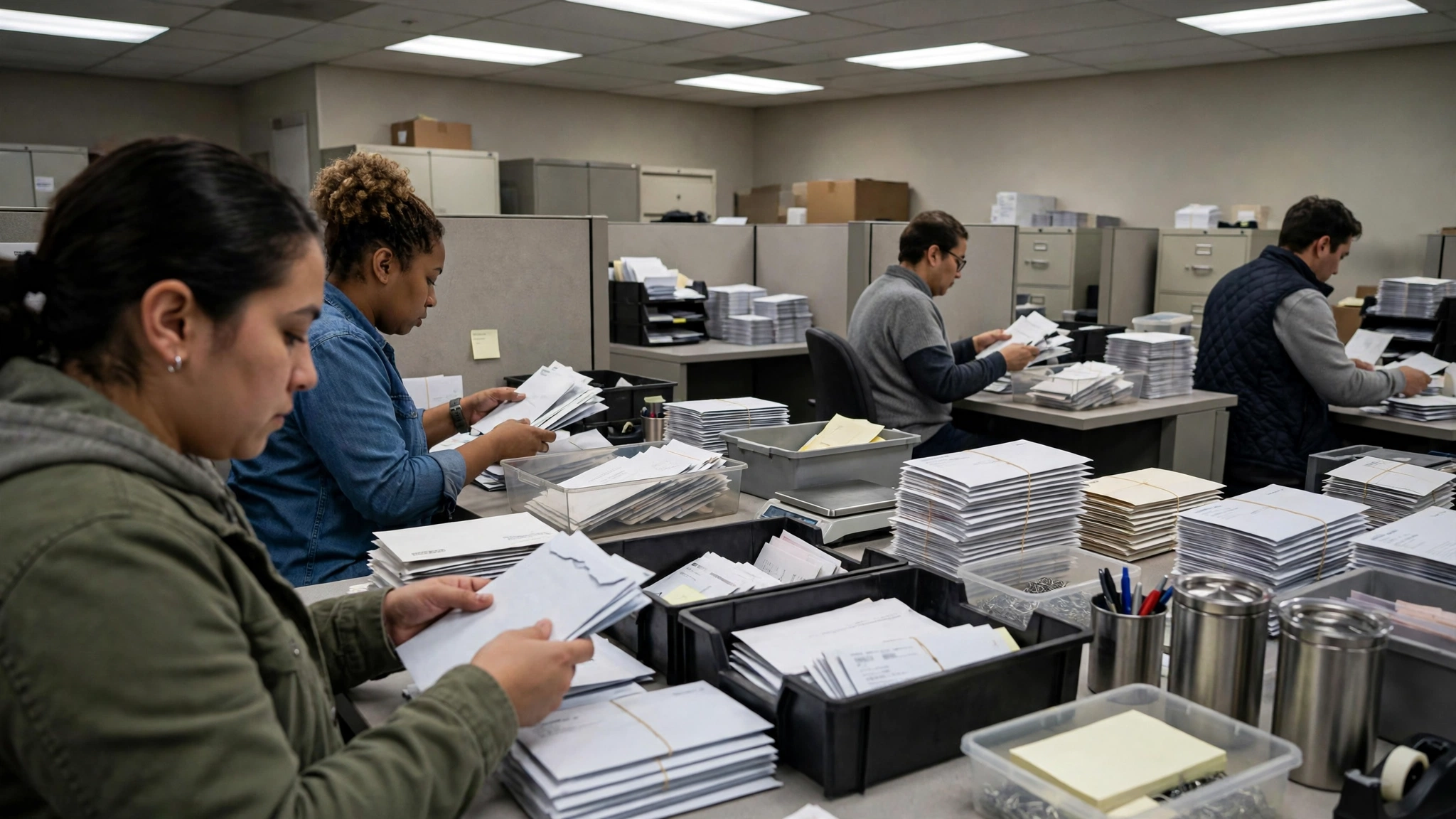 Election workers sorting stacks of mail envelopes and ballot trays inside a county elections office.