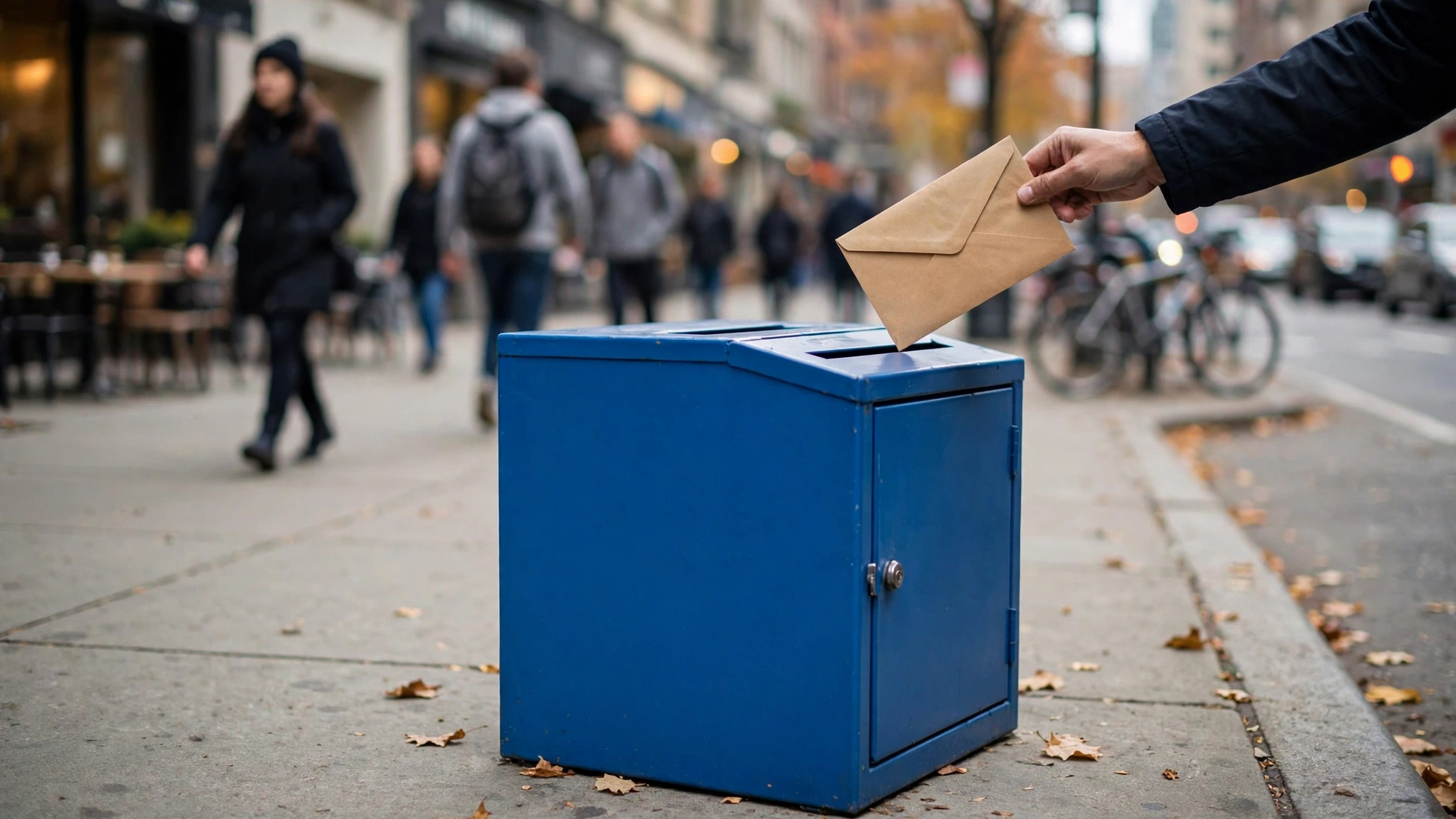 A person dropping a mail envelope into a blue ballot drop box on a city sidewalk.