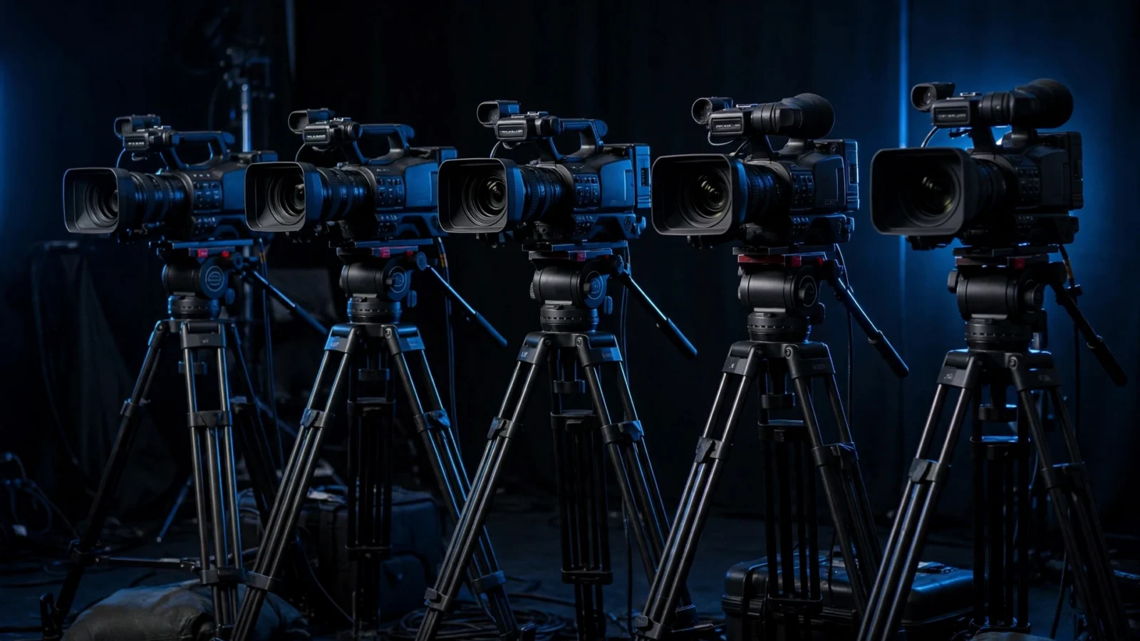 Five professional television broadcast cameras on tripods in a dark studio