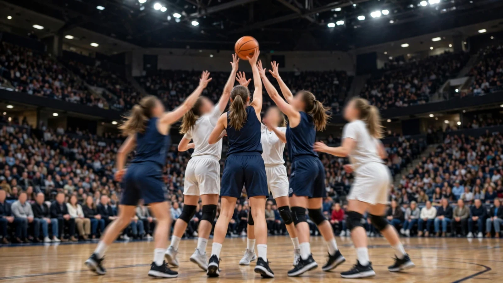 Women's basketball players in dark and white uniforms reaching for the ball during a game in a crowded indoor arena