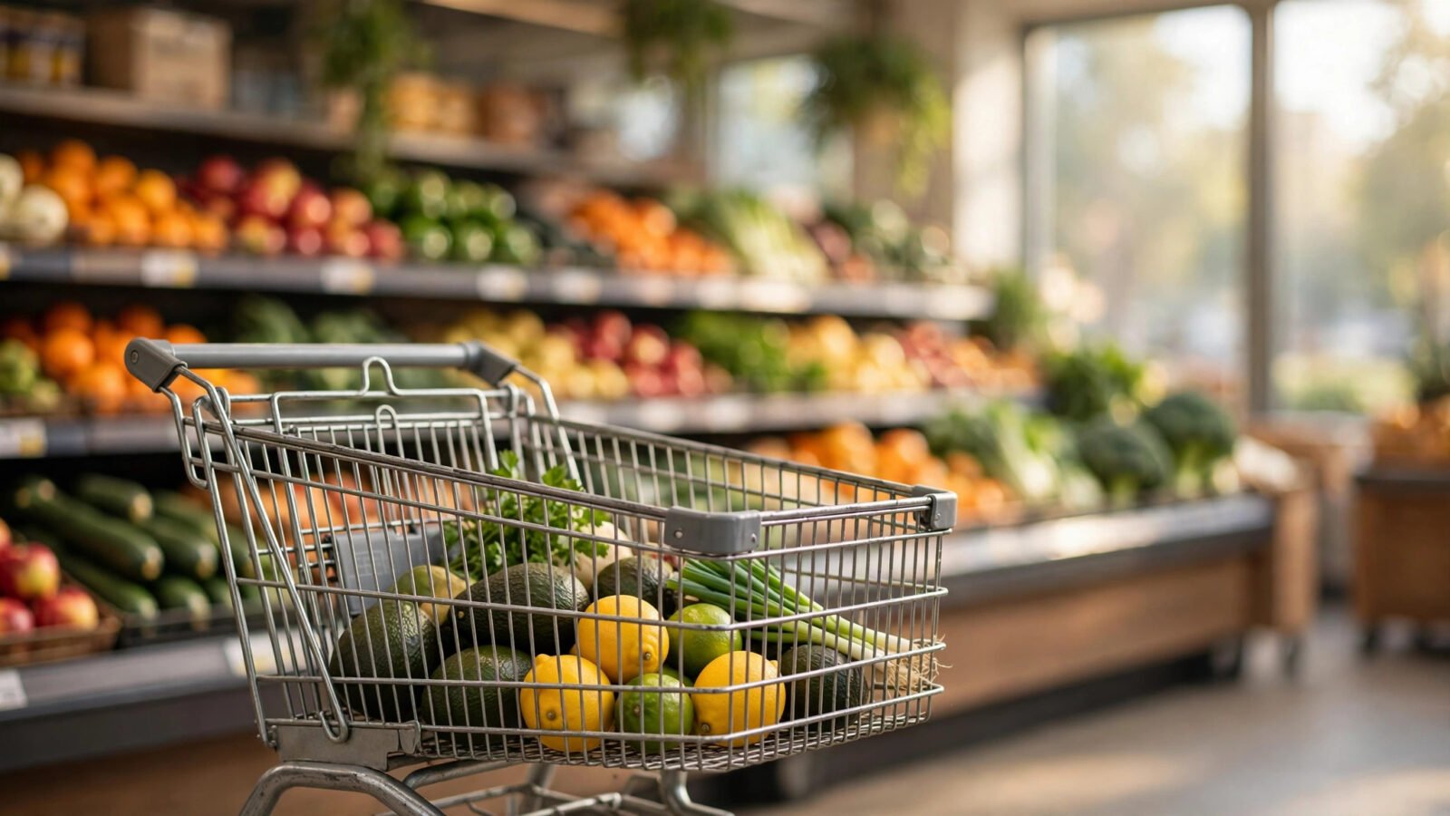 A shopping cart with fresh produce in a grocery store aisle