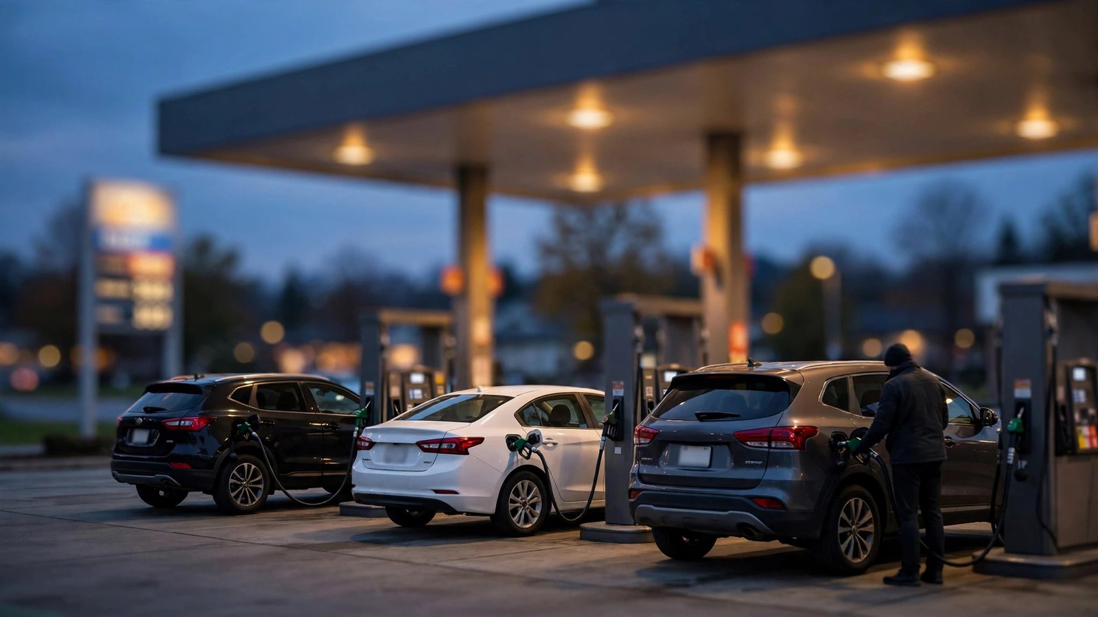Cars refueling at a gas station at dusk with a blurred price sign