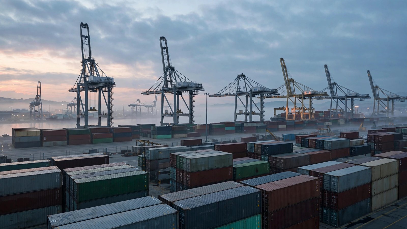 Shipping containers and cranes at a cargo port at dawn