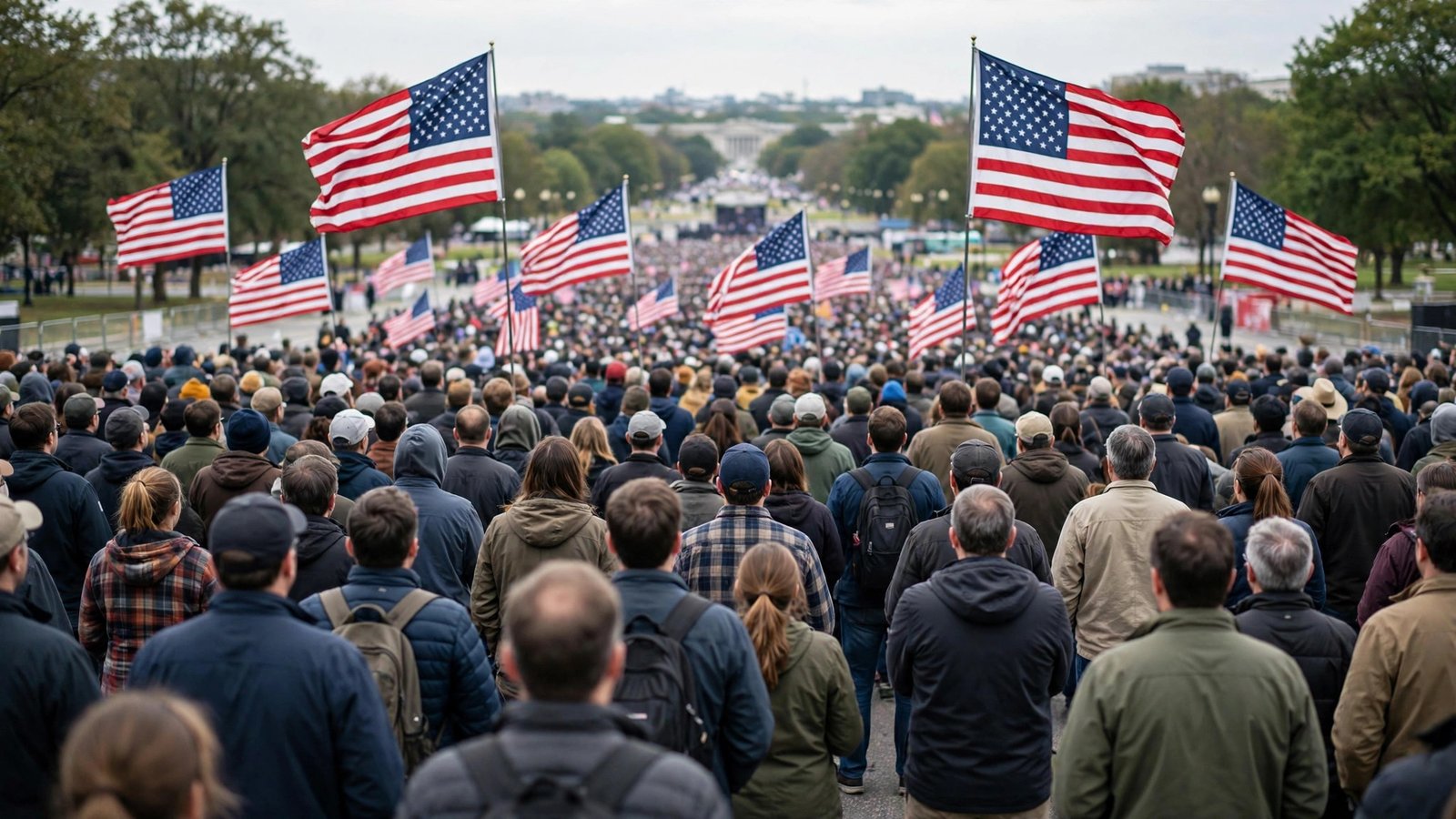 A large outdoor crowd seen from behind with American flags waving