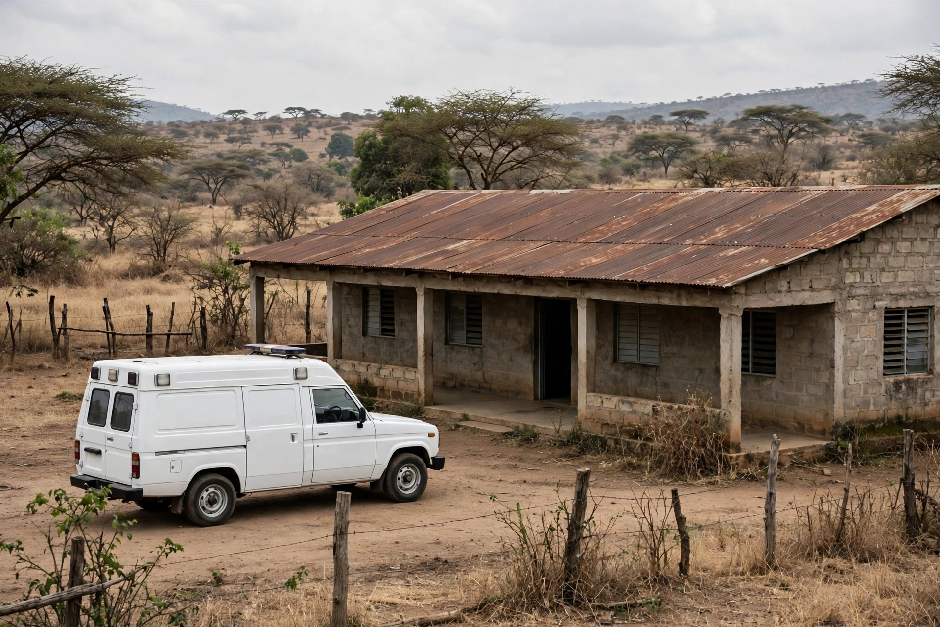 A white ambulance van parked in front of a concrete rural clinic building with a rusted metal roof.