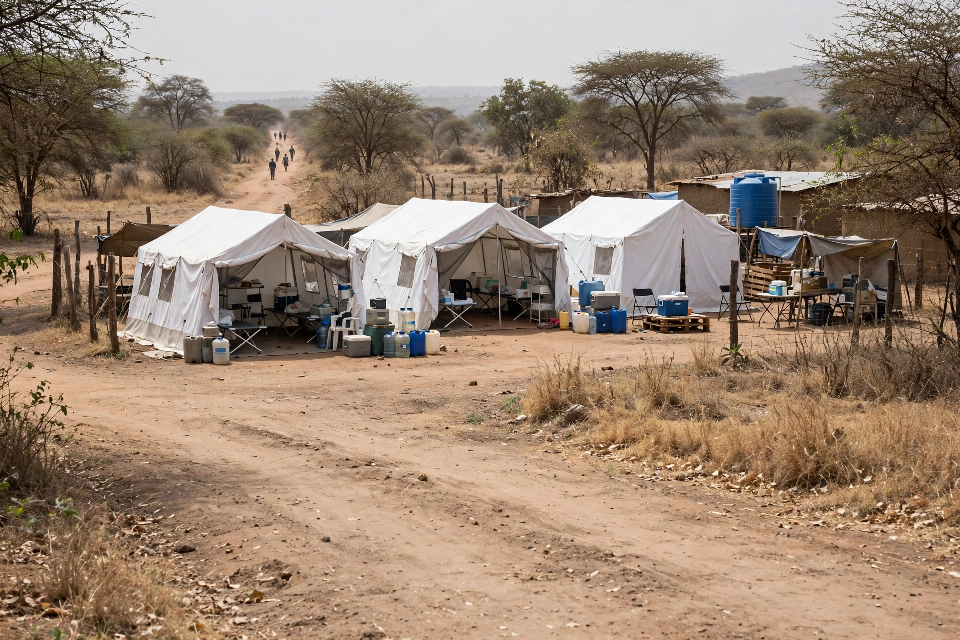 White treatment tents with water containers and supply boxes set up on dry ground beside a dirt road.