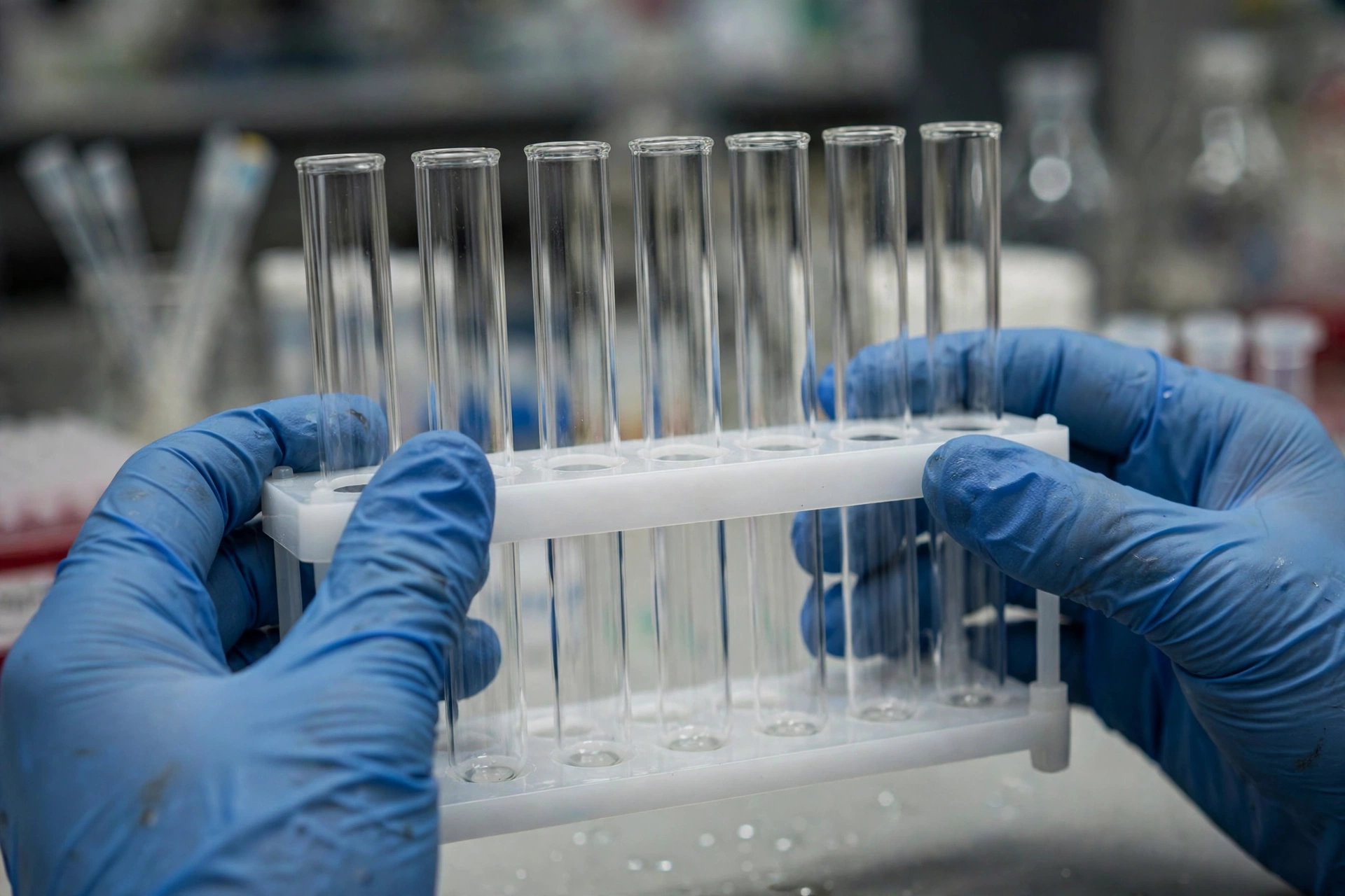 Gloved hands holding a rack of empty clear test tubes in a laboratory.