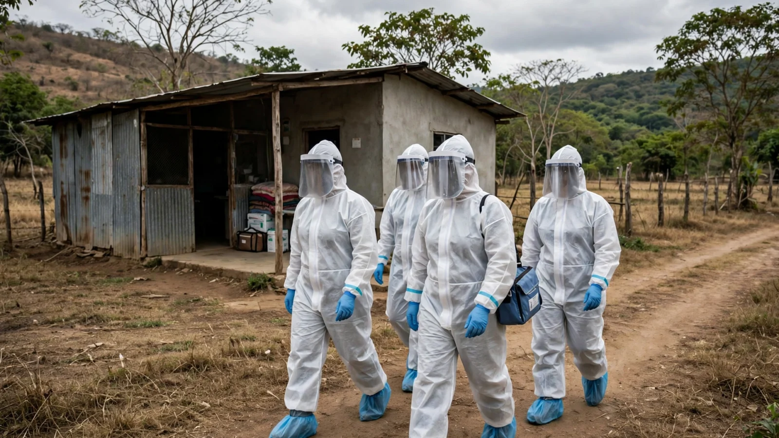 Four health workers in white protective suits, face shields, blue gloves and shoe covers walking on a dirt path near a small building.