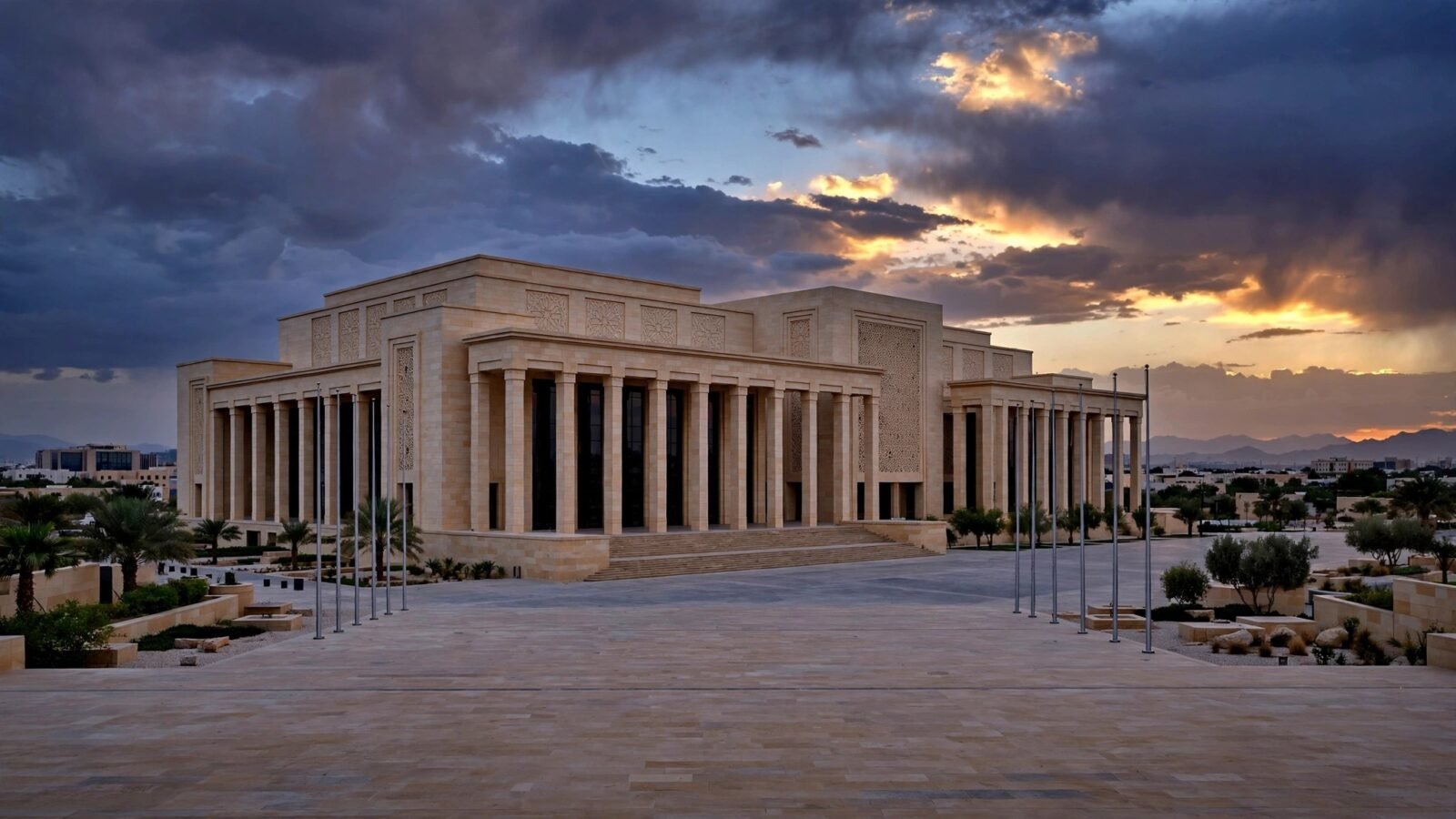 Egypt parliament building with tall columns and empty plaza at dusk