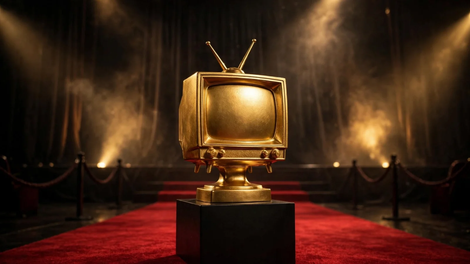 A golden television-shaped award on a pedestal on a red carpet under stage spotlights