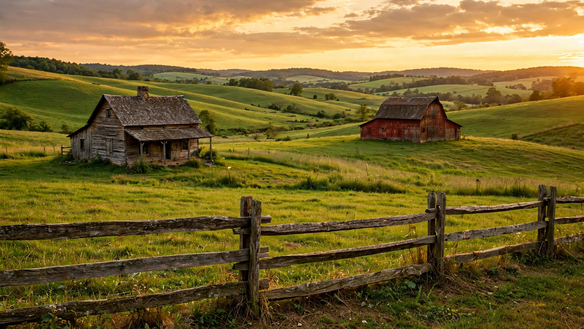 A wooden farmhouse and red barn among rolling green hills at sunset, seen over a split-rail fence.