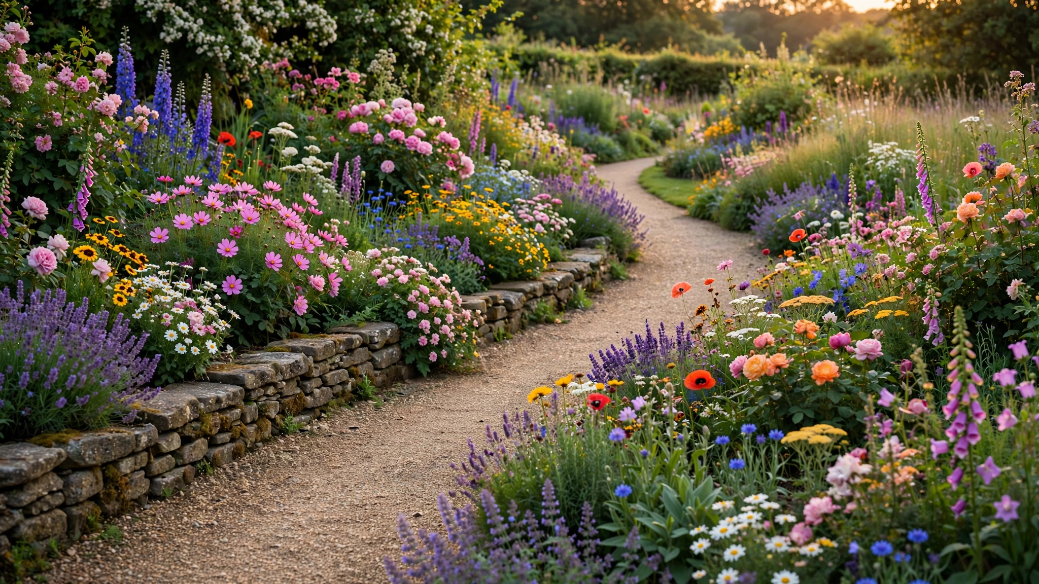 A gravel path curves through colorful flower beds and a low stone wall in a country garden at golden hour.