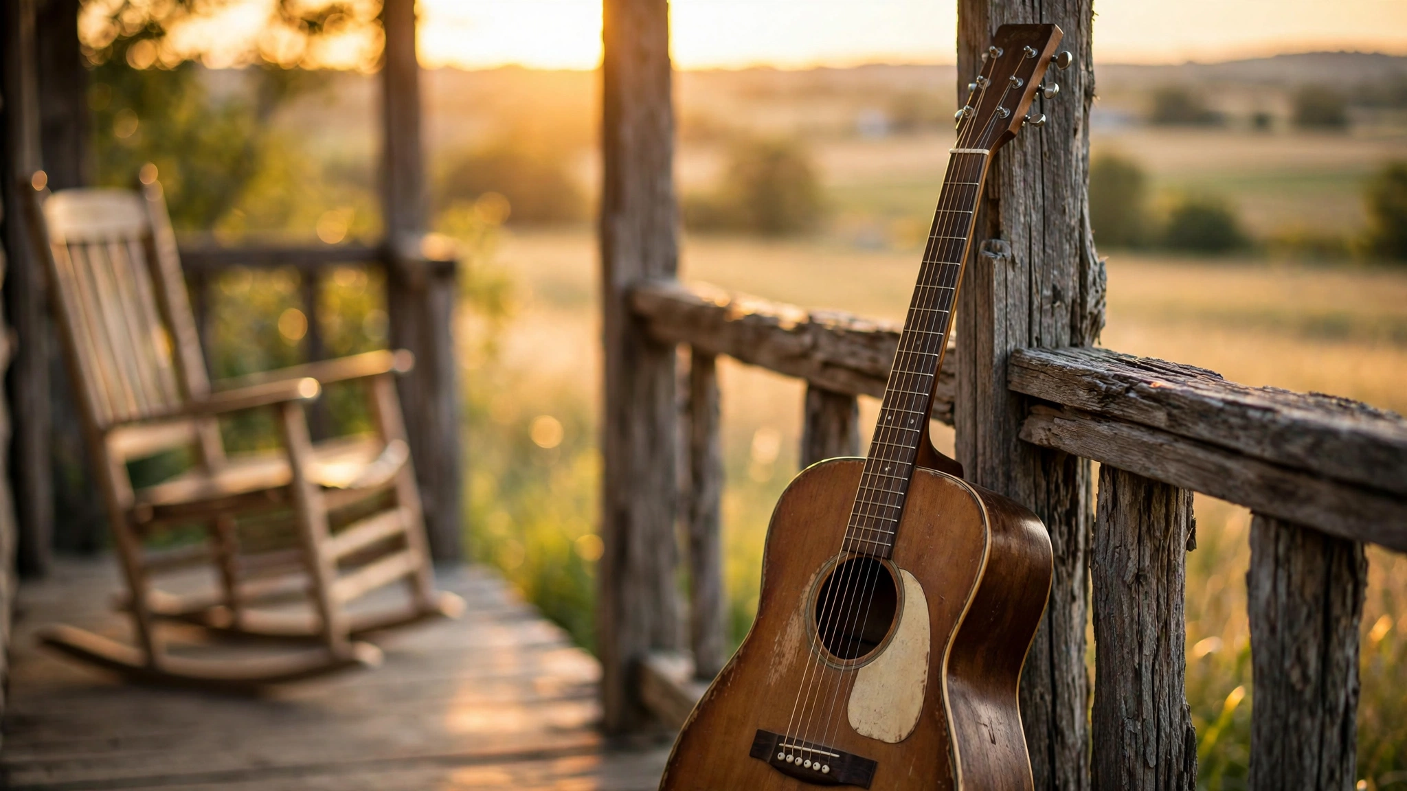 An acoustic guitar leans against a weathered porch railing at sunset with a rocking chair nearby.