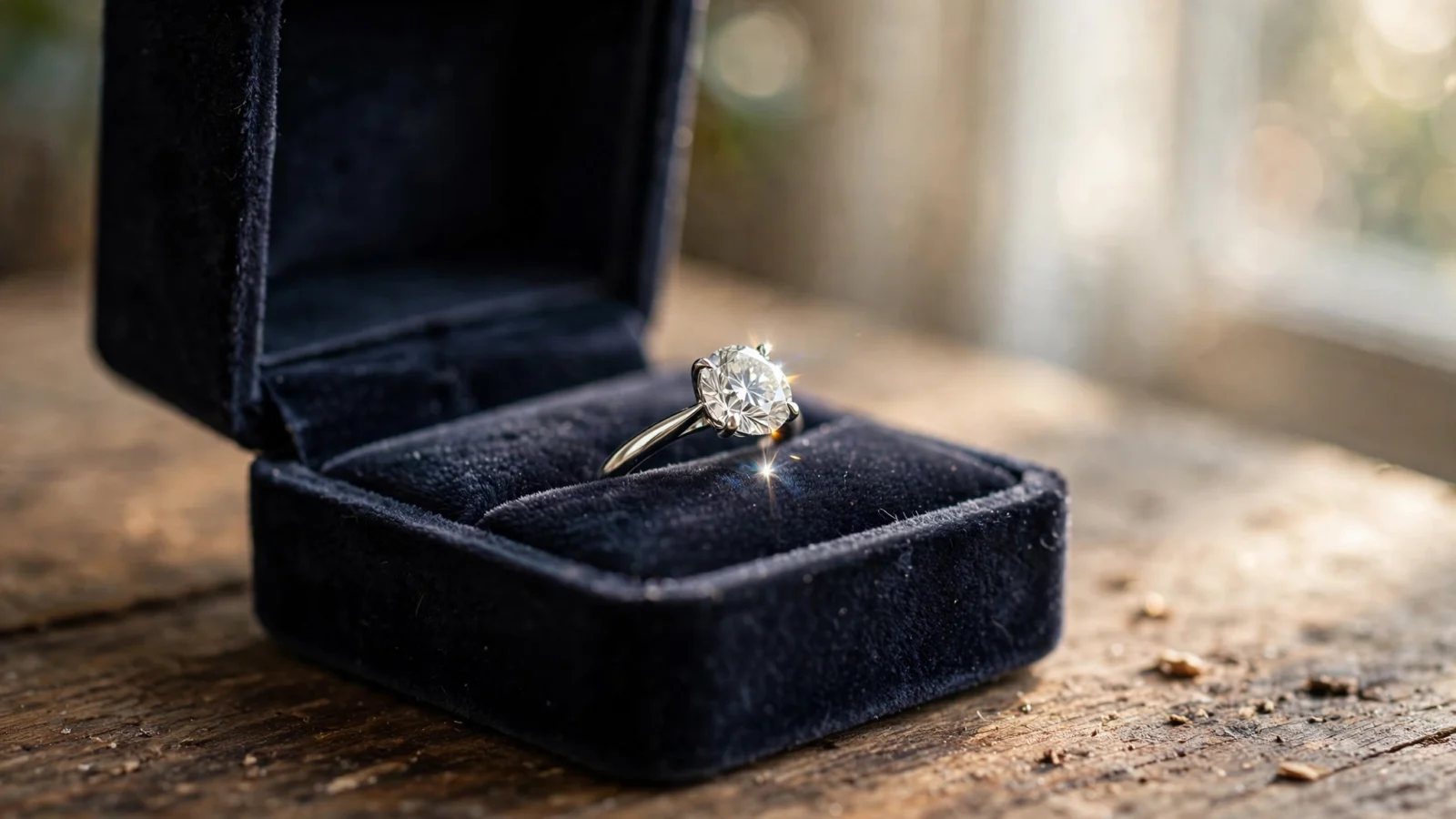 A round diamond engagement ring in an open black velvet box on a wooden table.