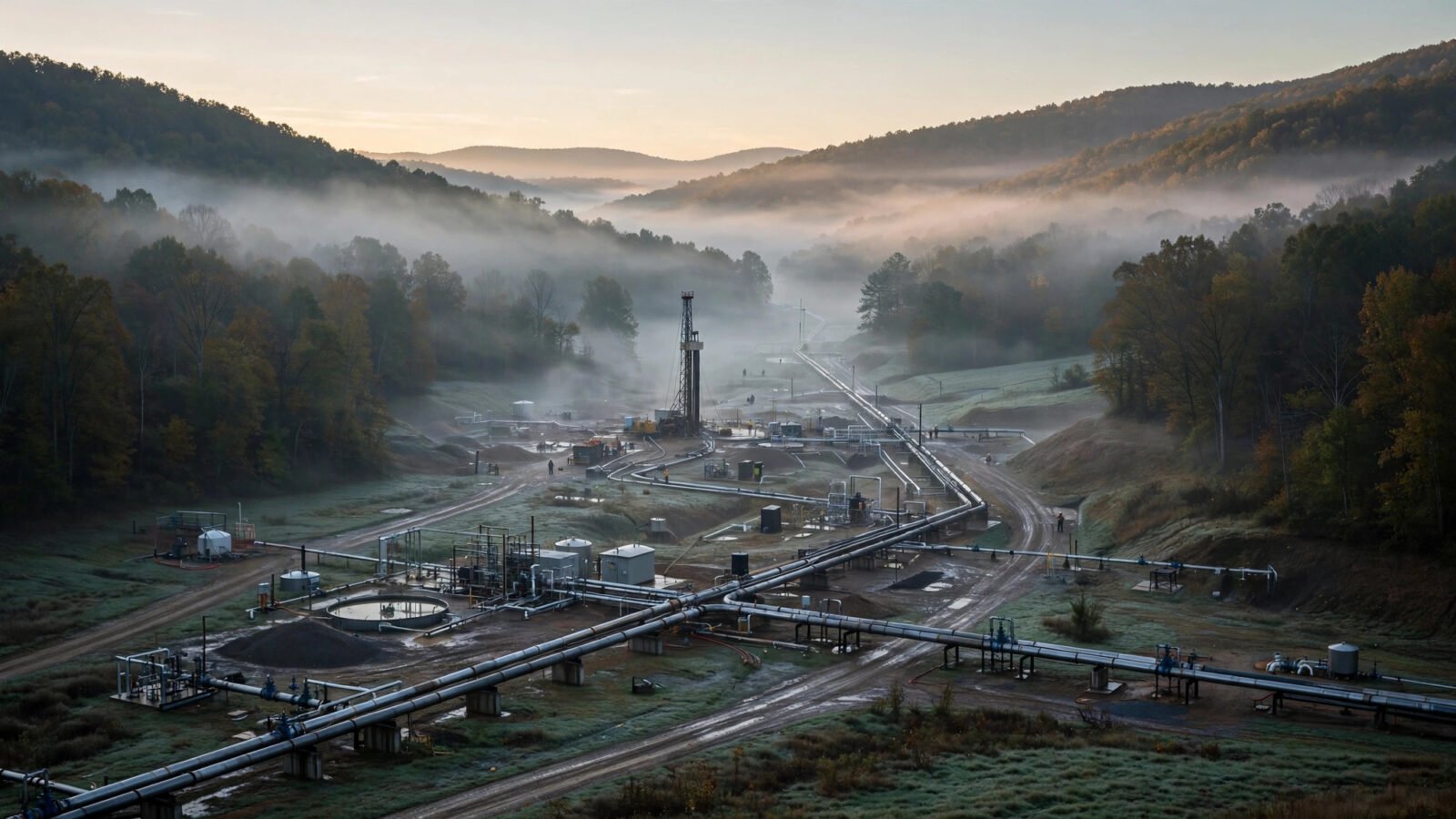 A natural gas drilling rig and pipelines in a misty valley between forested hills at dawn