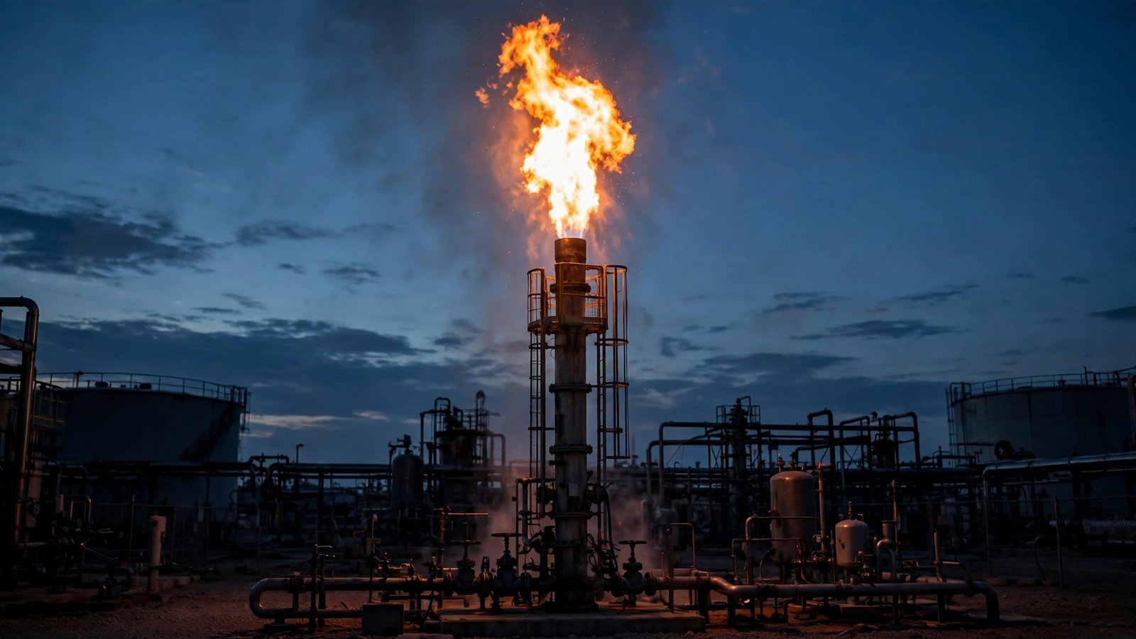 A tall flare stack burning gas at an energy facility at dusk