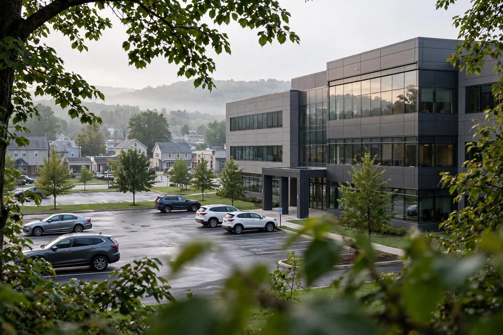 A modern glass office building with a parking lot and trees in front