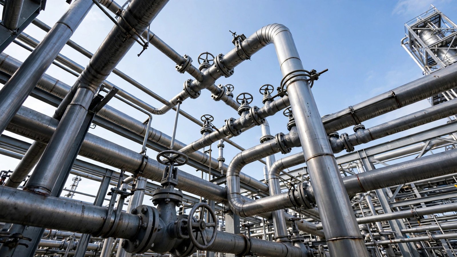 Steel pipes and valves at a natural gas processing facility under a clear sky