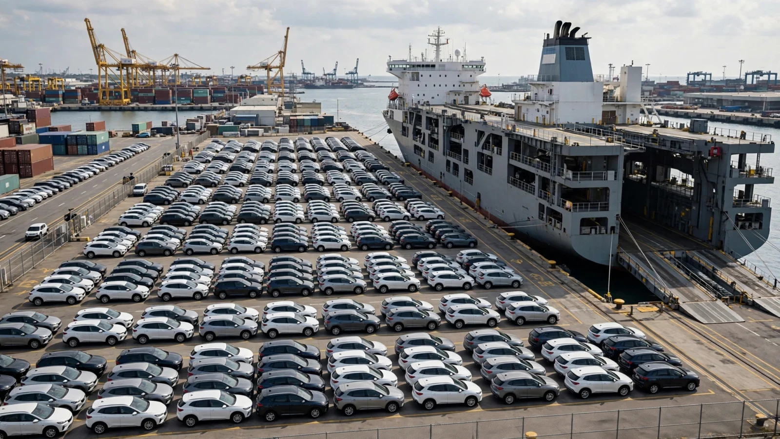 Hundreds of generic white, black and gray cars are parked in rows at a shipping port next to a large vehicle carrier ship, with cranes and containers in the background.