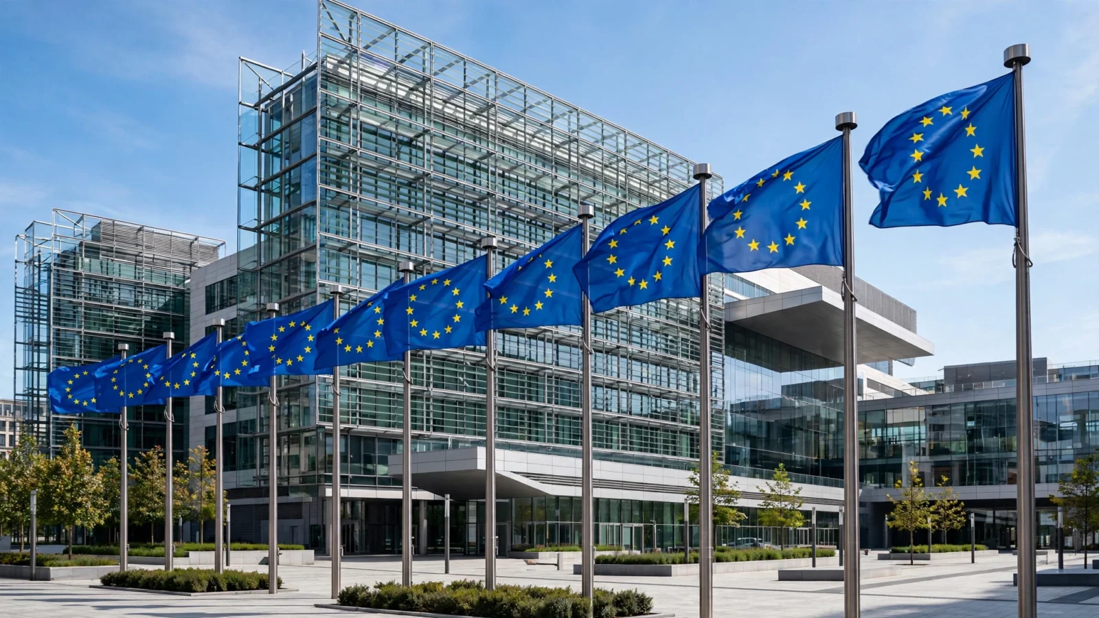 European Union flags flying in front of a modern glass government building on a clear day
