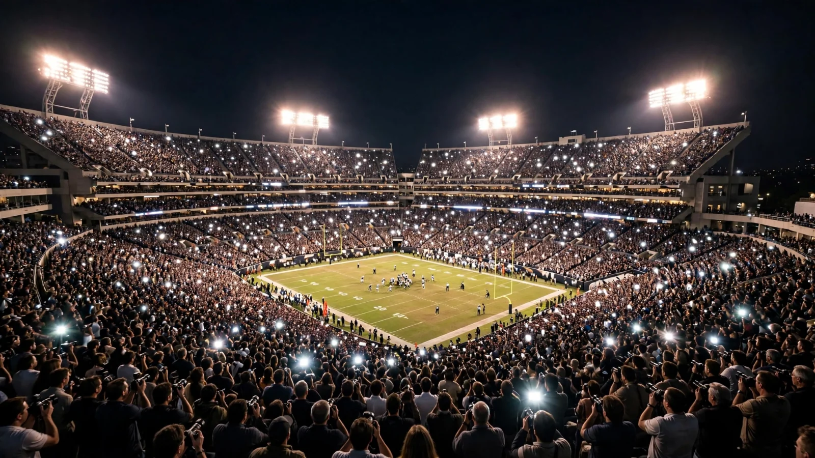 A packed professional football stadium glowing under floodlights at night, with the field lit below and crowds filling the stands