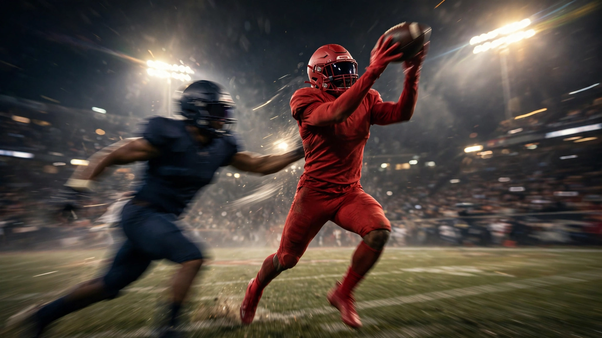 A wide receiver in a plain red uniform catching a football at night under stadium lights, with a defender nearby