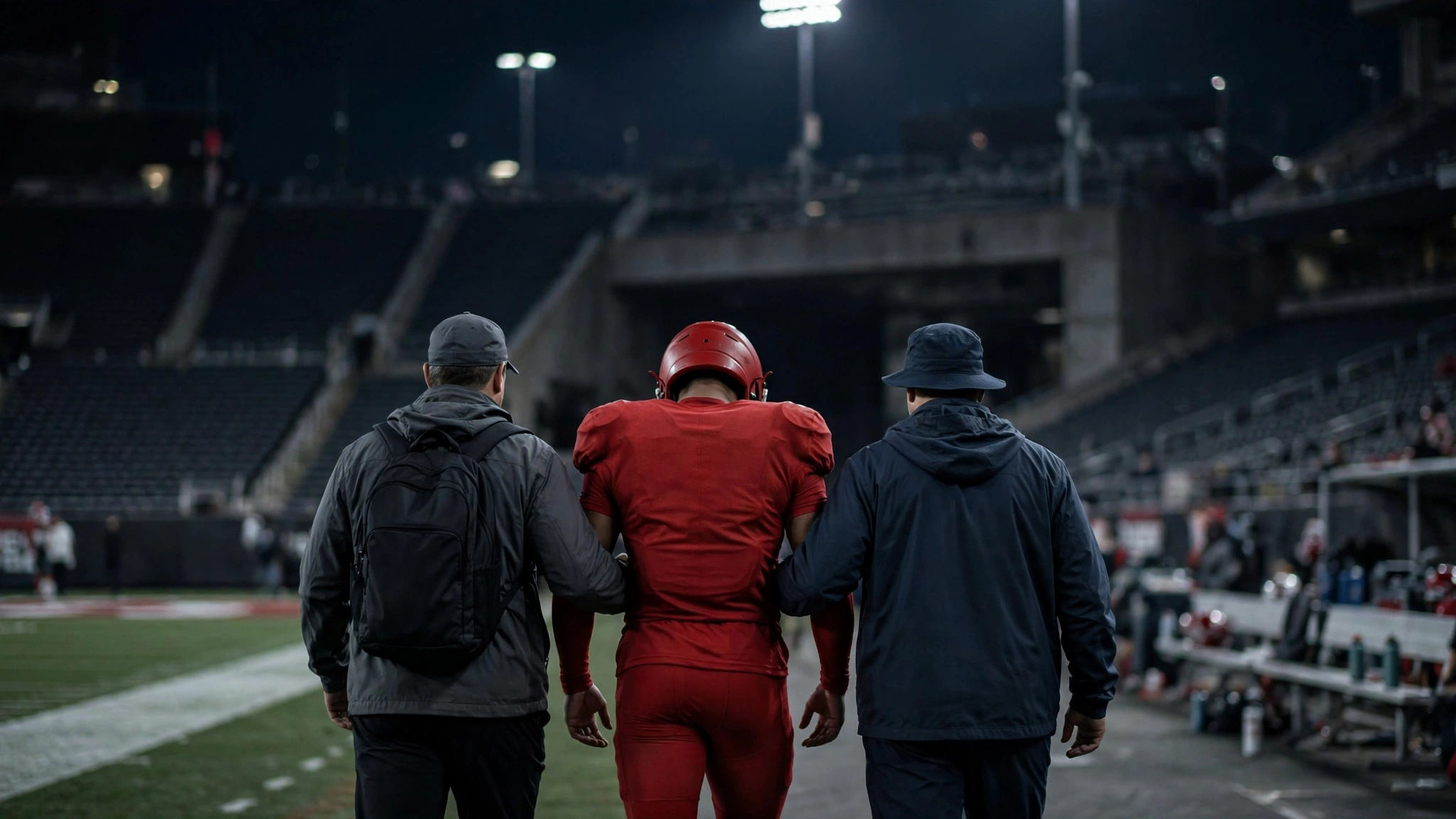 An injured football player in a red uniform being helped off the field by two trainers, seen from behind at night