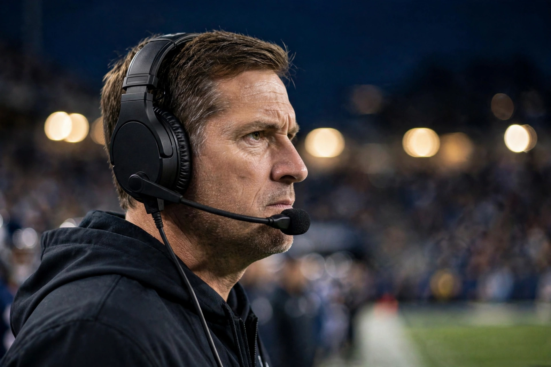 A football head coach wearing a headset on the sideline at night, watching the game