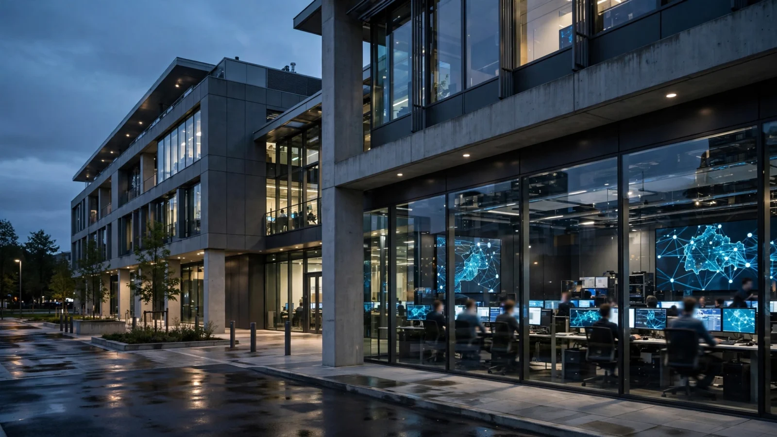 A modern office building at dusk with workers at computer monitors displaying abstract network maps inside a glass-walled operations room