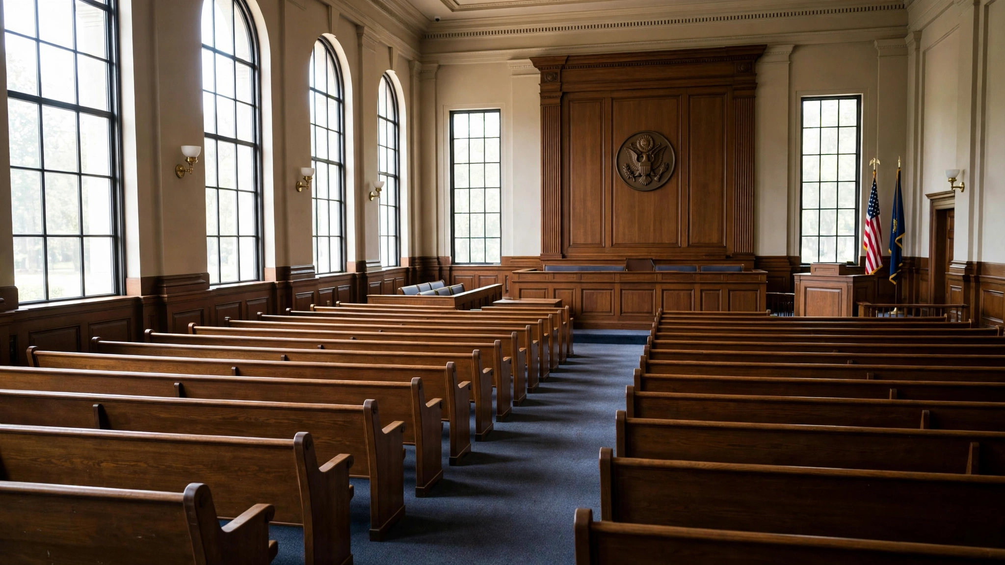 An empty federal courtroom with rows of wooden benches, a judge bench and flags
