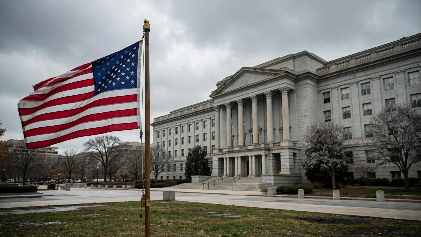 An American flag flies in front of a federal government office building in Washington, D.C.