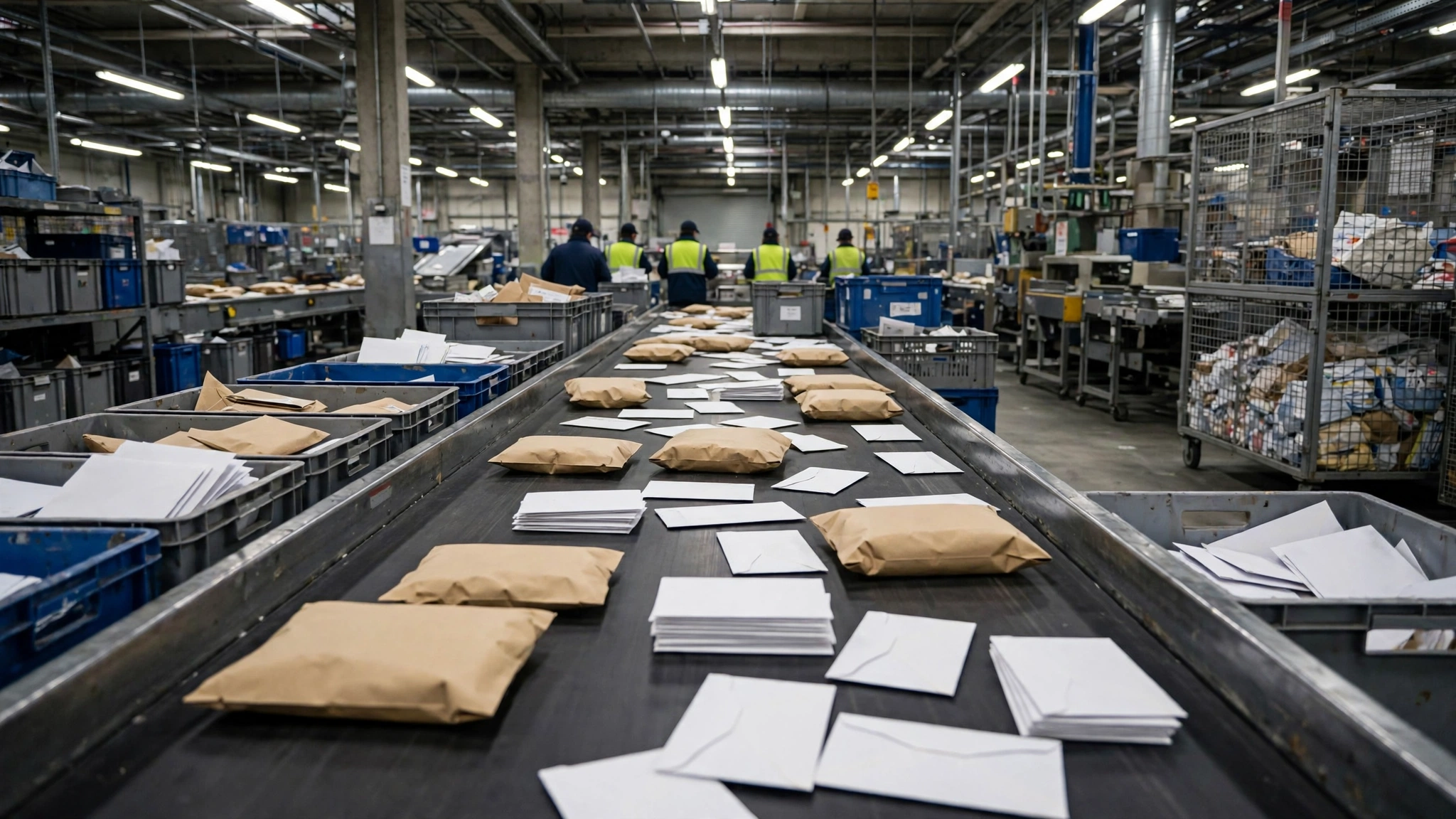 Envelopes and parcels move along a conveyor belt inside a mail sorting facility