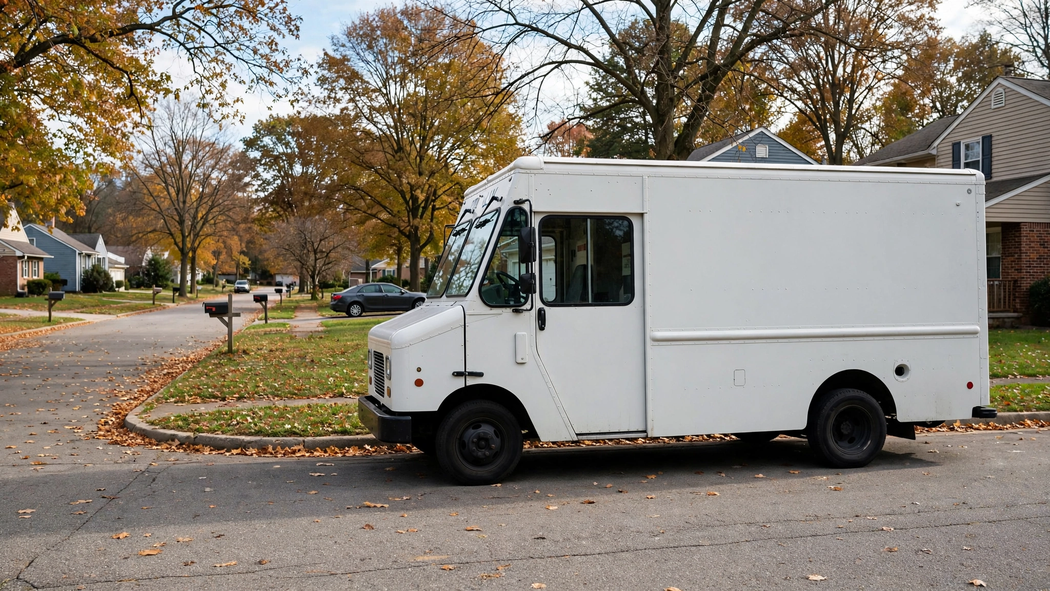 A white mail truck parked on a suburban street in daylight