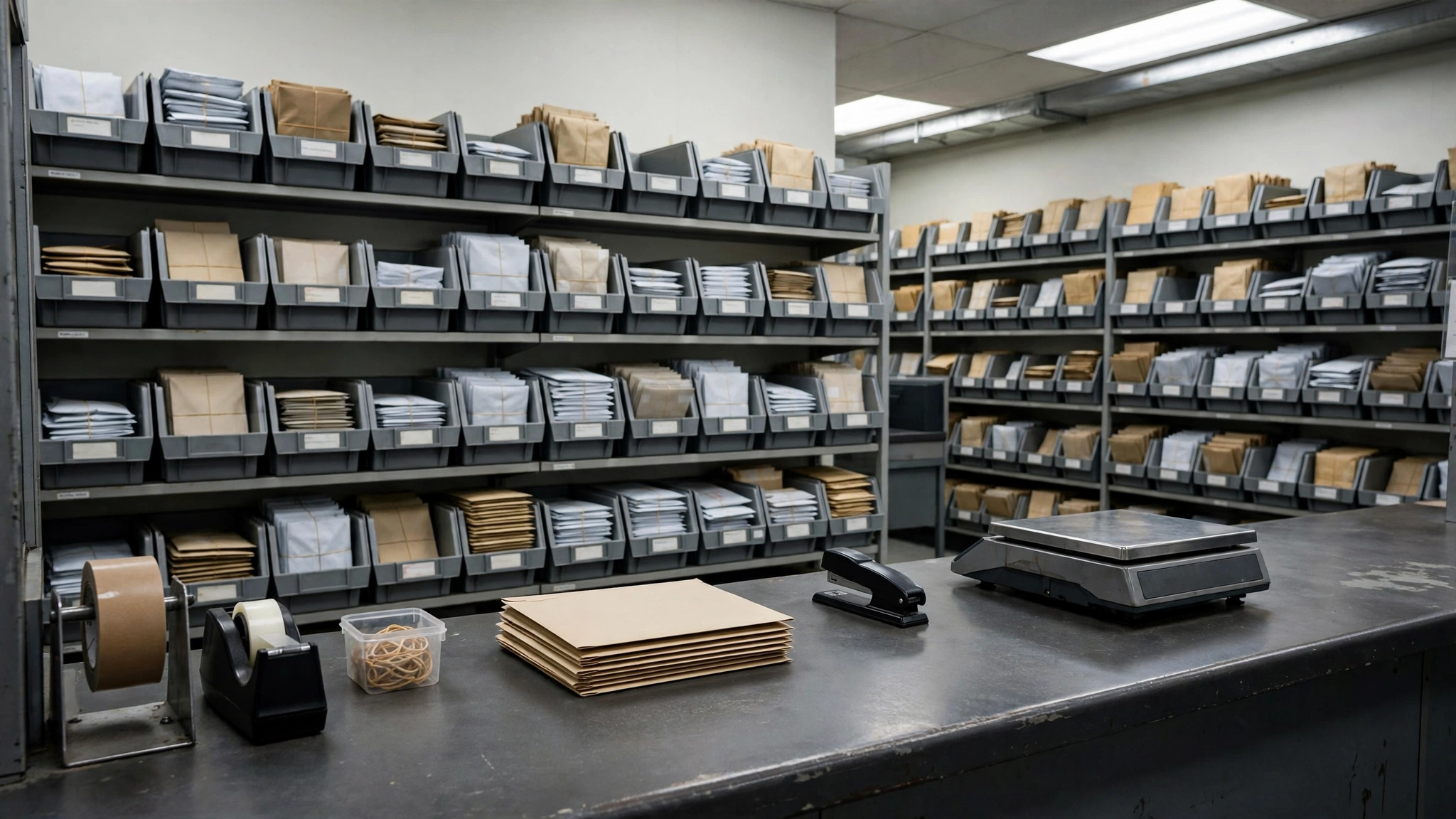 Shelves of mail bins behind the counter at a post office service area