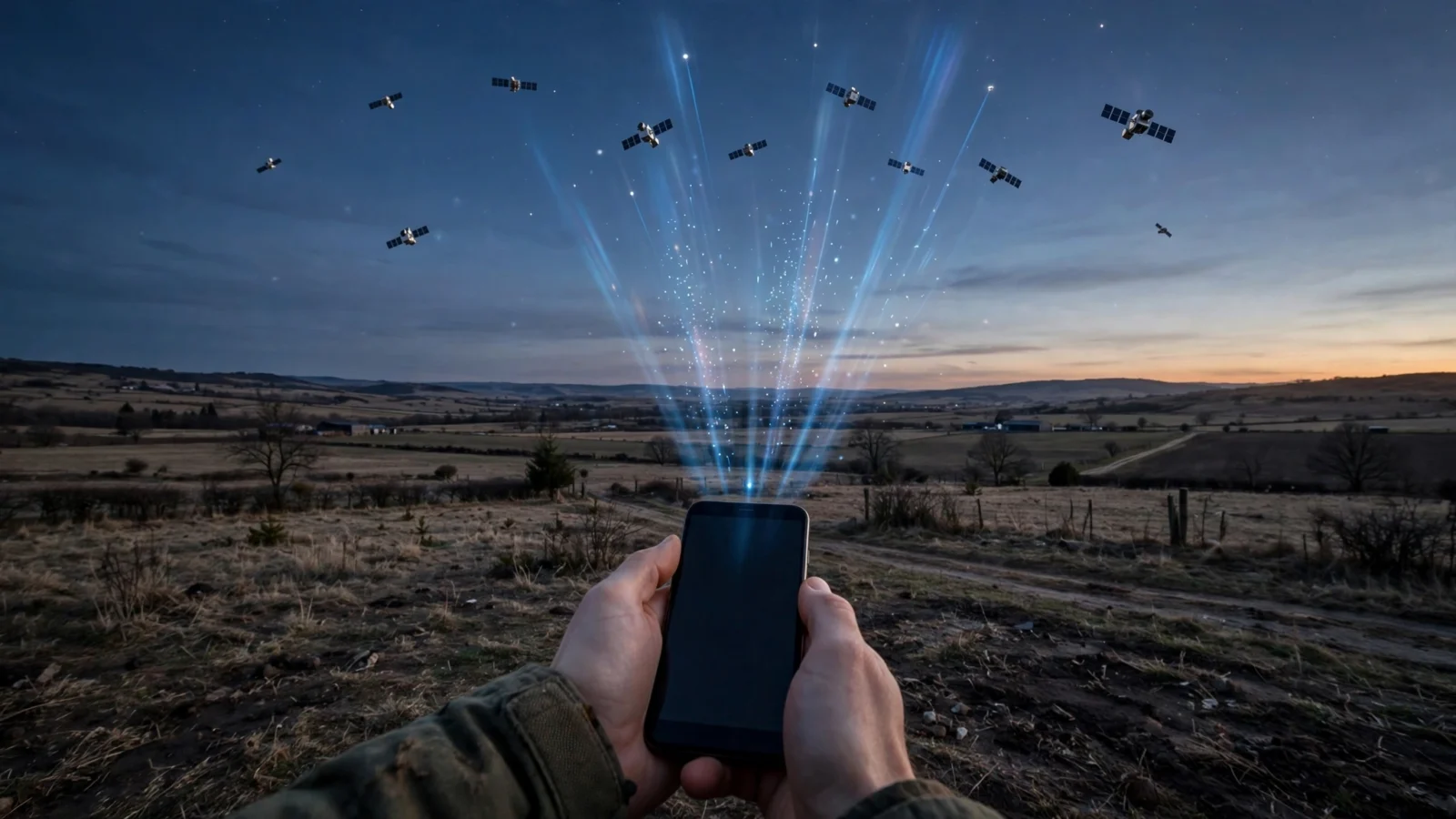 A smartphone held outdoors at dusk receiving signals from satellites in the sky above a rural landscape