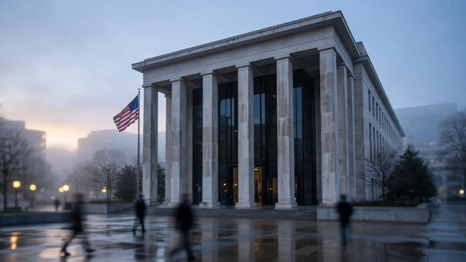 A neoclassical stone building with tall columns and glass front at dawn, a United States flag on a pole to the left and blurred pedestrians crossing a wet plaza in the foreground