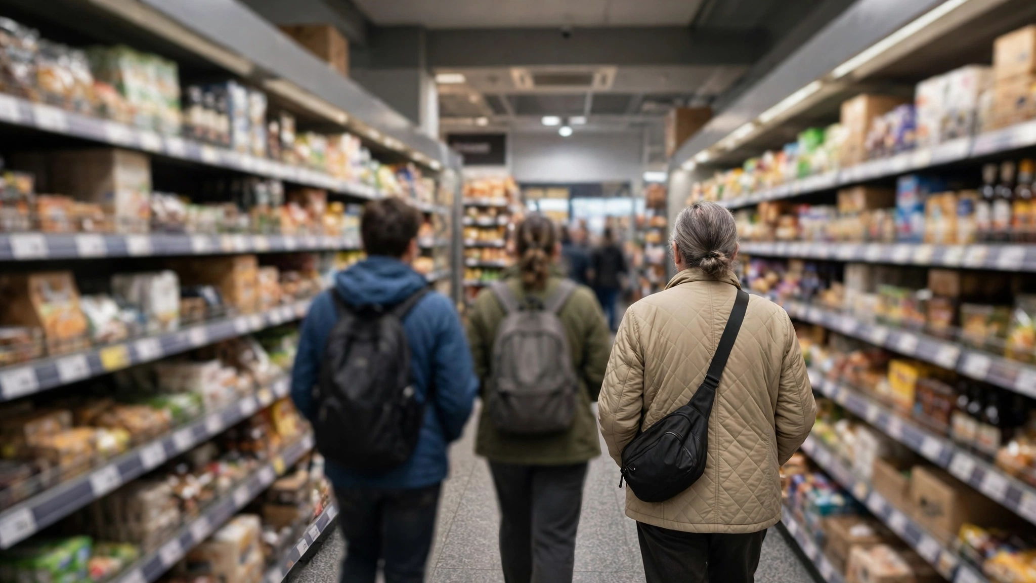 Three shoppers seen from behind walk down a grocery store aisle lined with shelves of packaged goods.