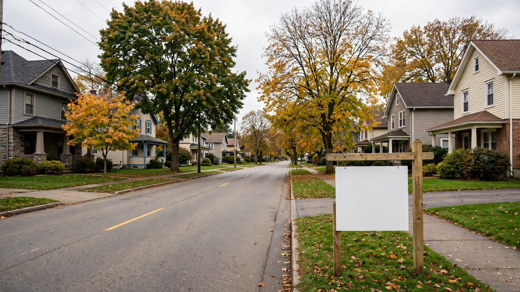 A residential street lined with houses and autumn trees, with a blank white sign on a wooden post in the foreground.