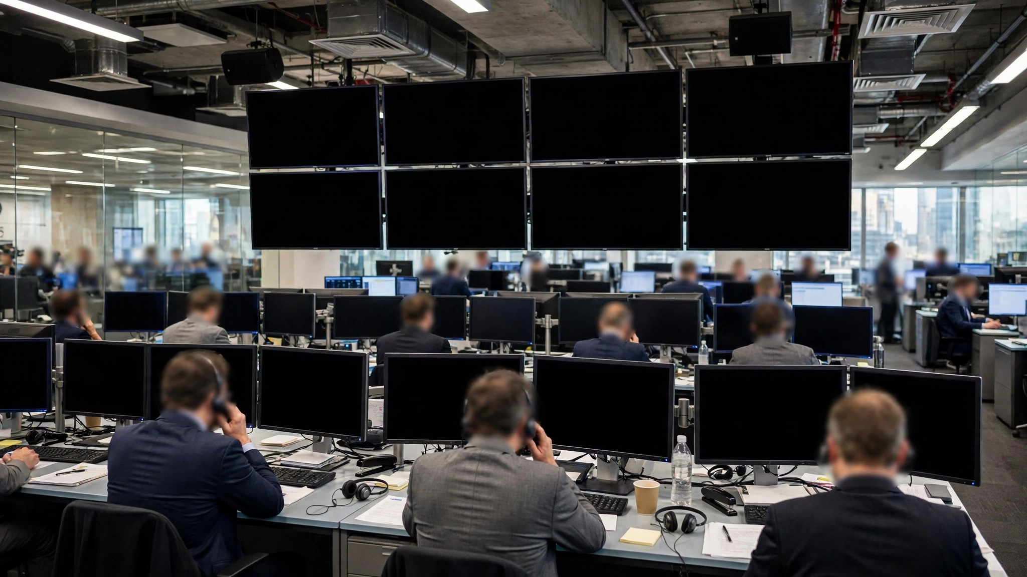 Workers sit at desks with computer monitors on a trading floor under large blank wall screens.