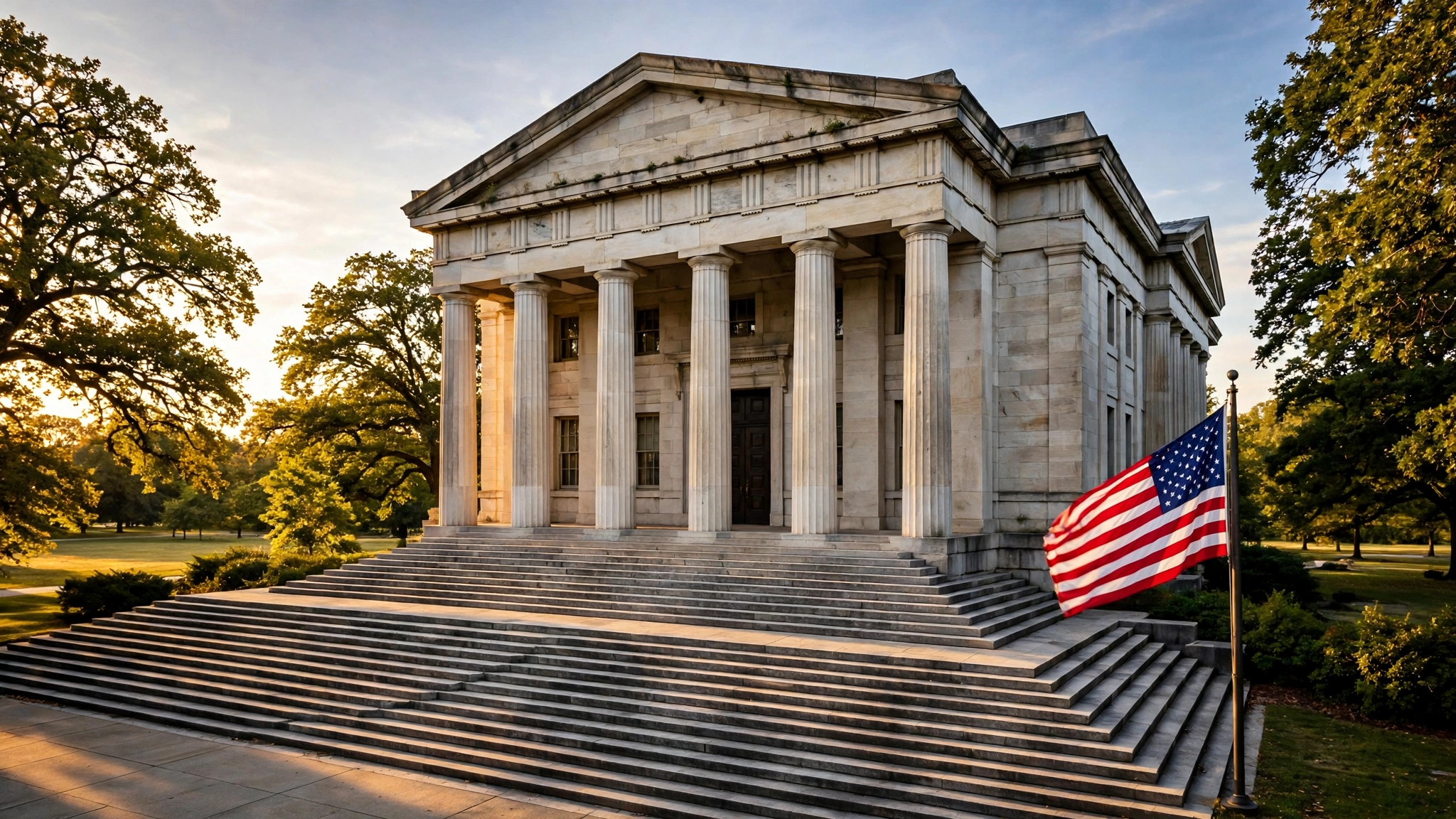 A neoclassical courthouse with tall stone columns and an American flag flying outside