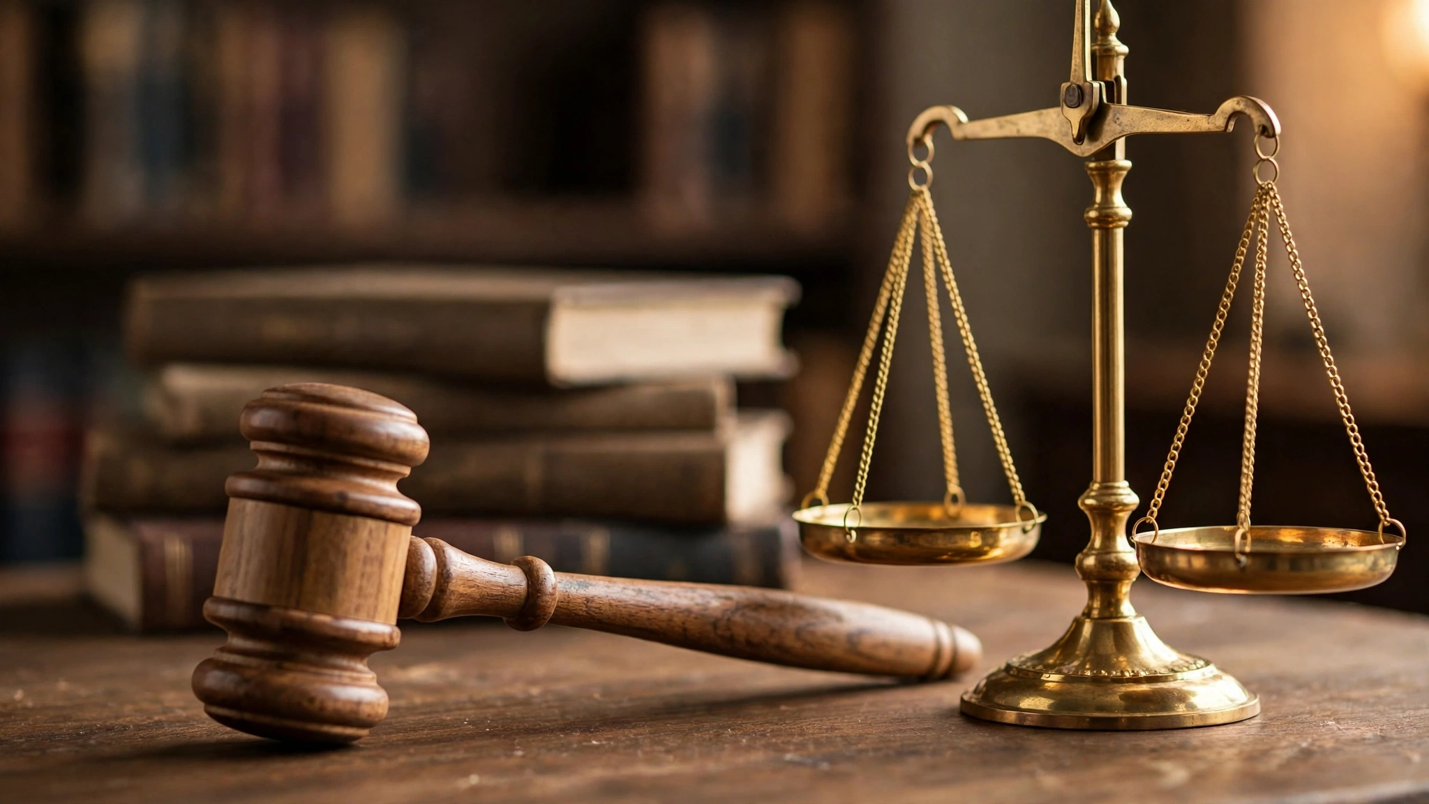 A wooden judge's gavel resting beside brass scales of justice on a desk
