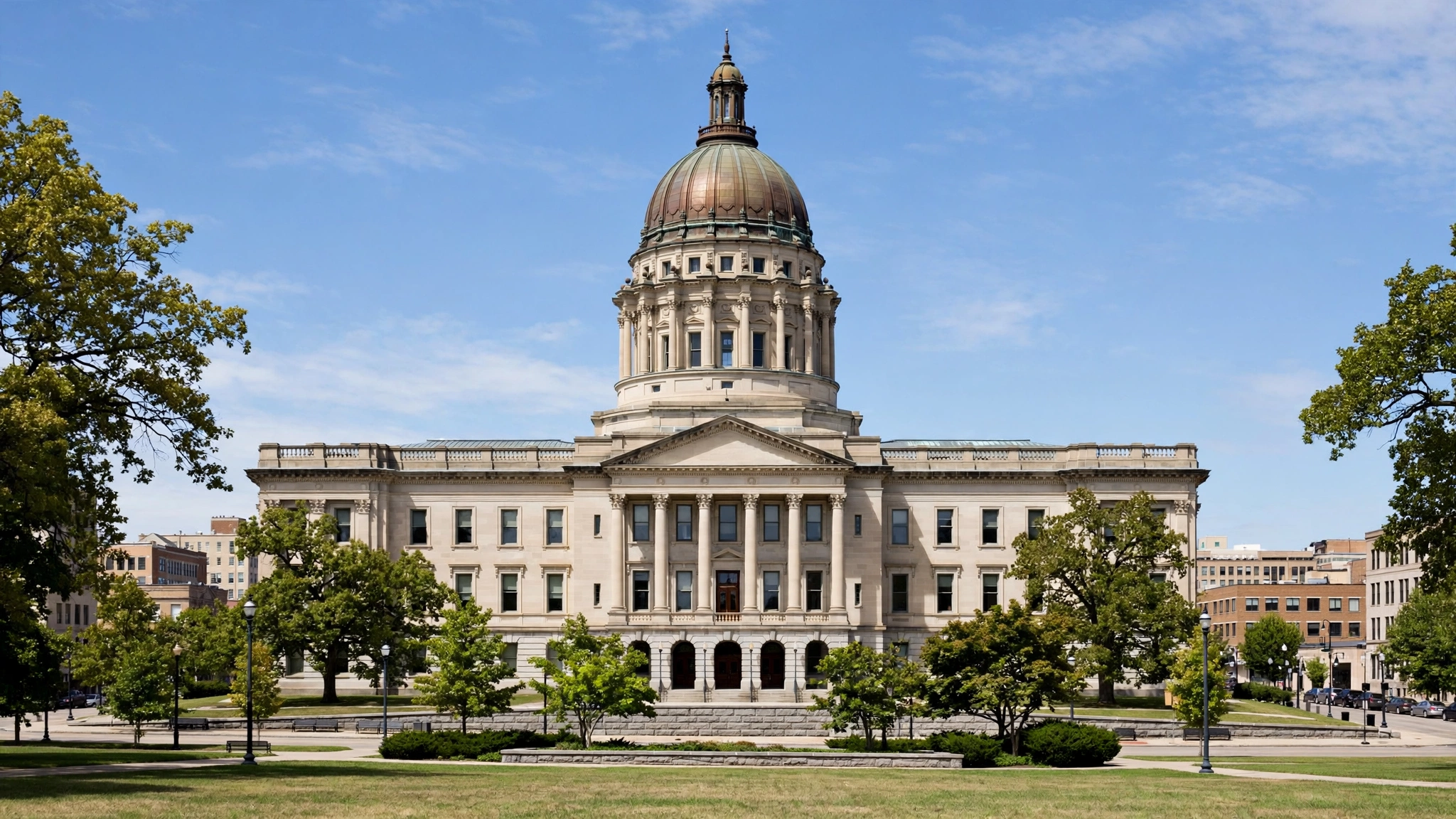A domed state capitol building surrounded by trees on a clear day