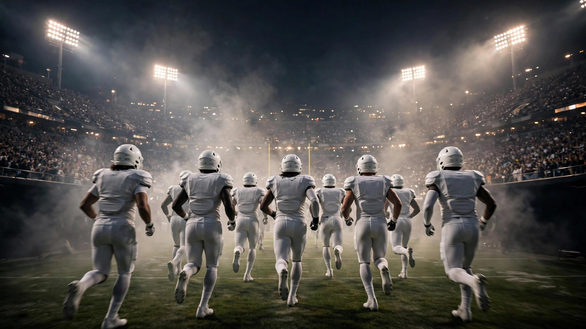 Football players in white uniforms run onto a floodlit field at night.