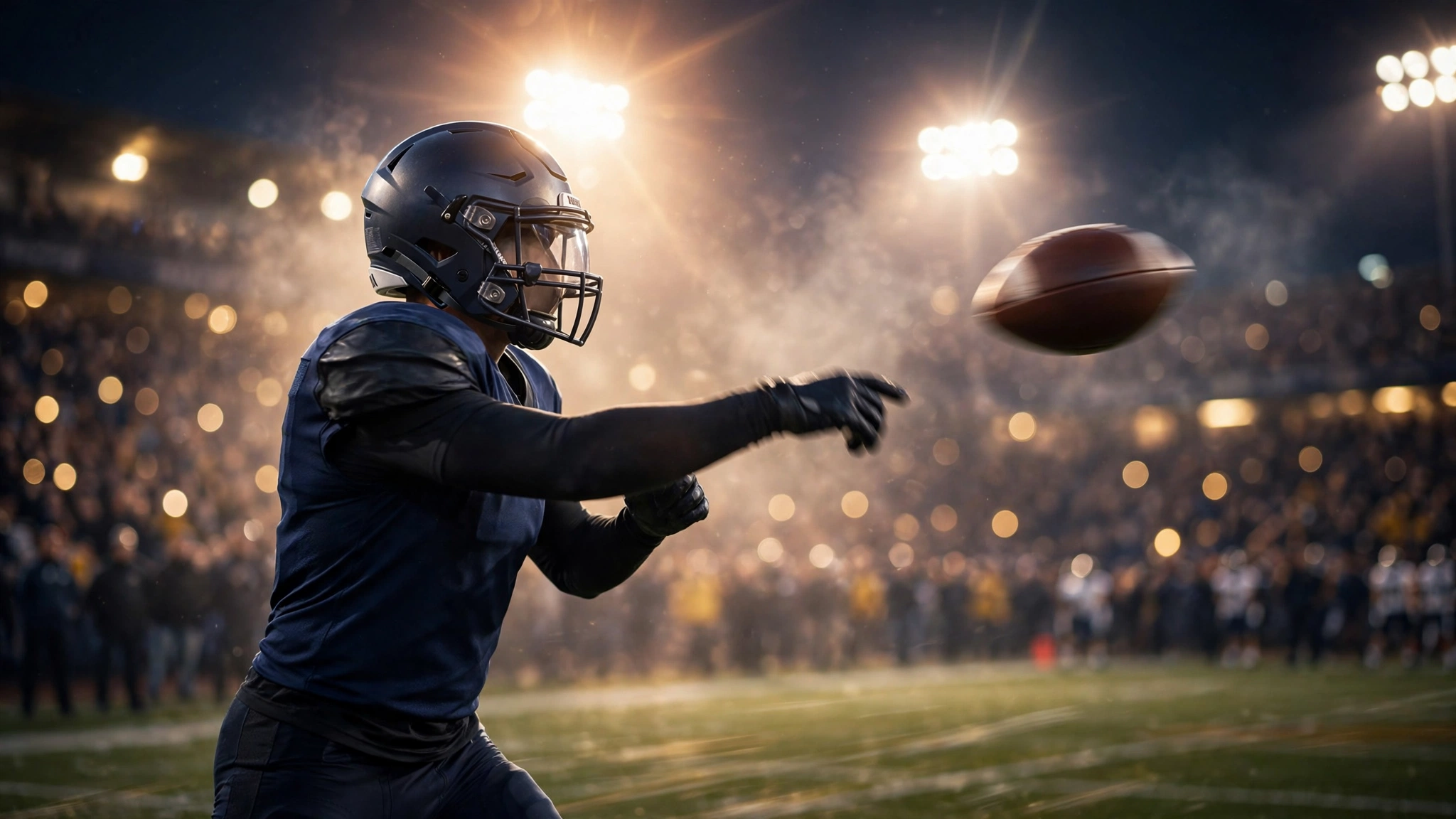 A quarterback throws a pass during a night game.