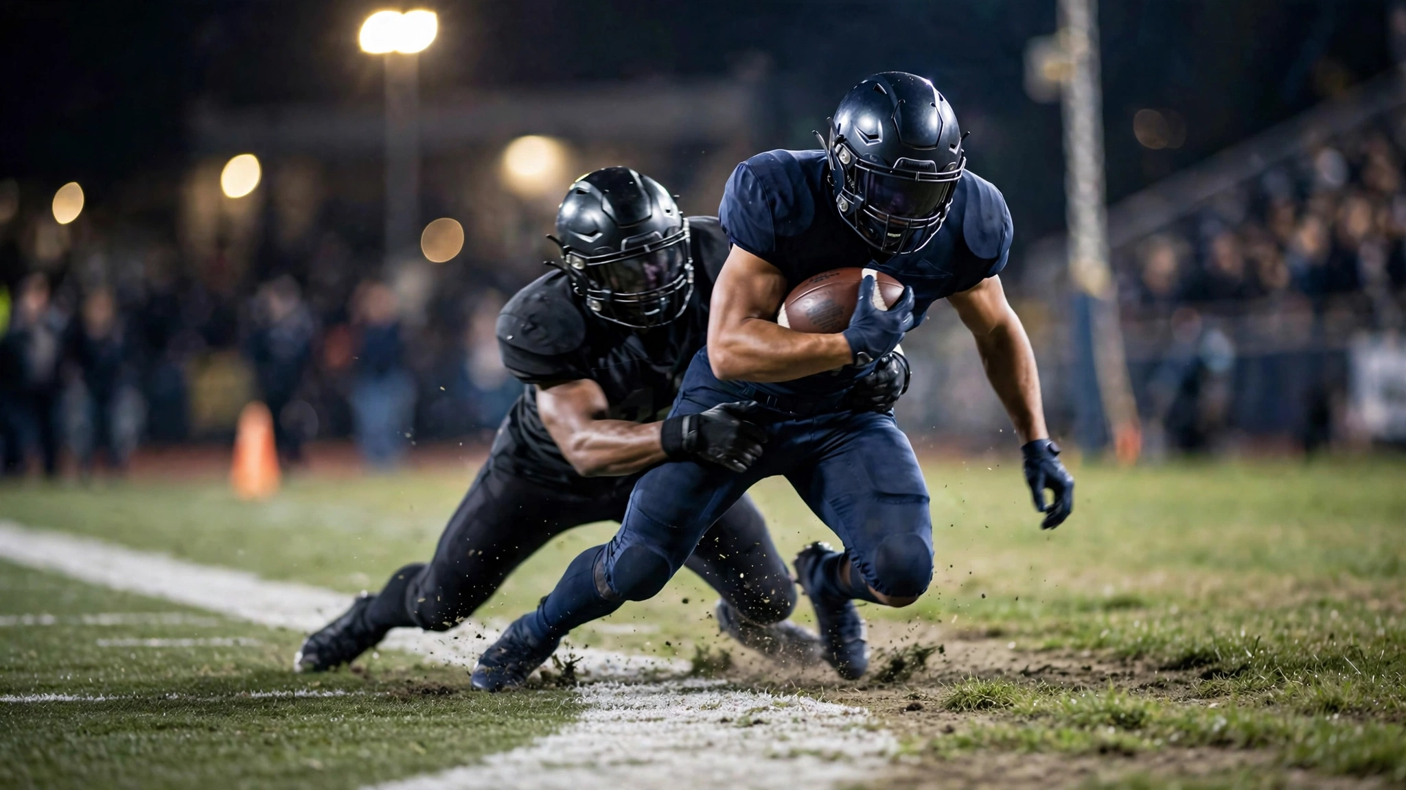 A ball carrier is tackled under stadium lights during a night game.
