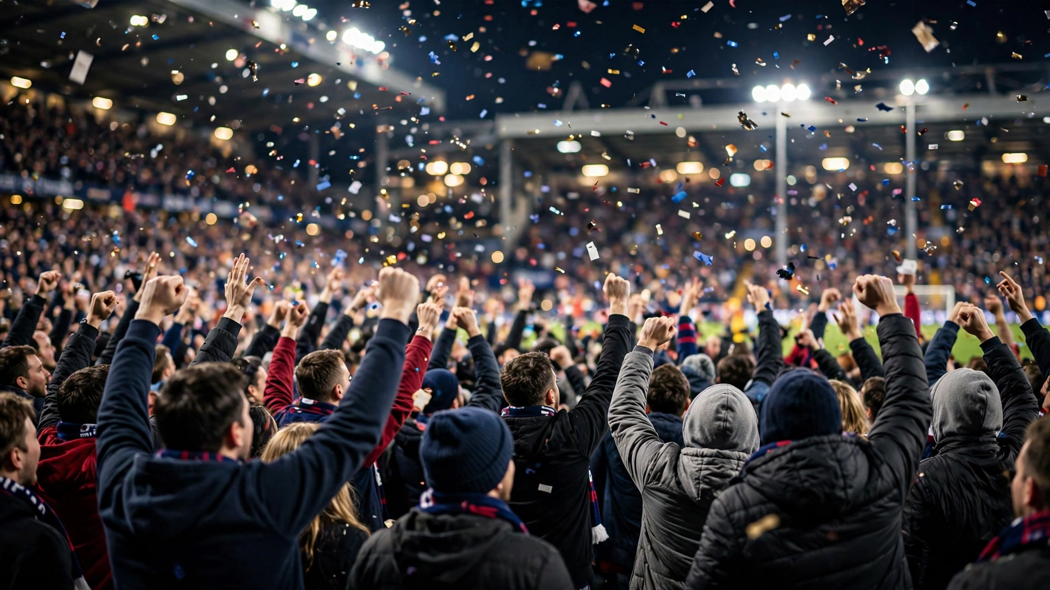 Football fans with raised arms celebrate in a packed stadium at night.