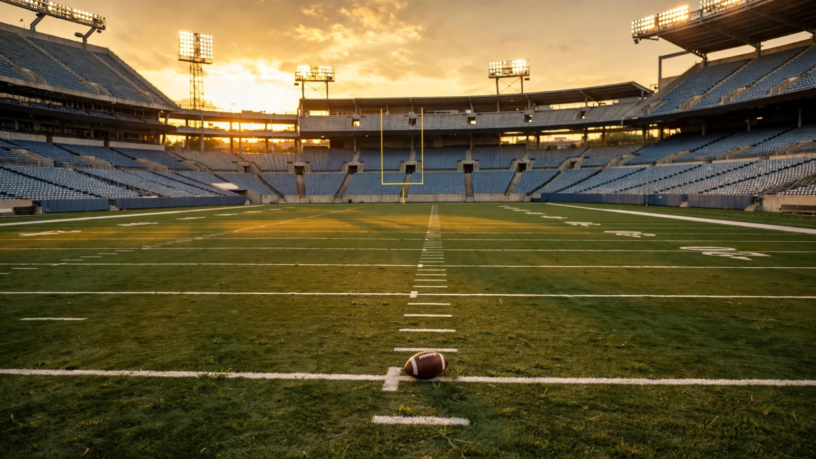 An empty American football stadium at sunset with a football on the field, yard lines and goalposts visible and no people in the stands