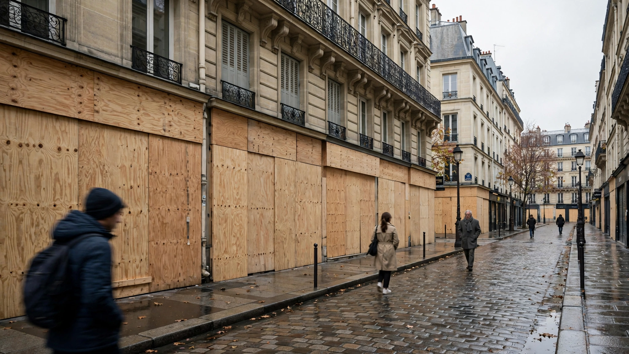 Paris storefronts covered with plain wooden boards along a wet cobblestone street, with a few pedestrians walking past