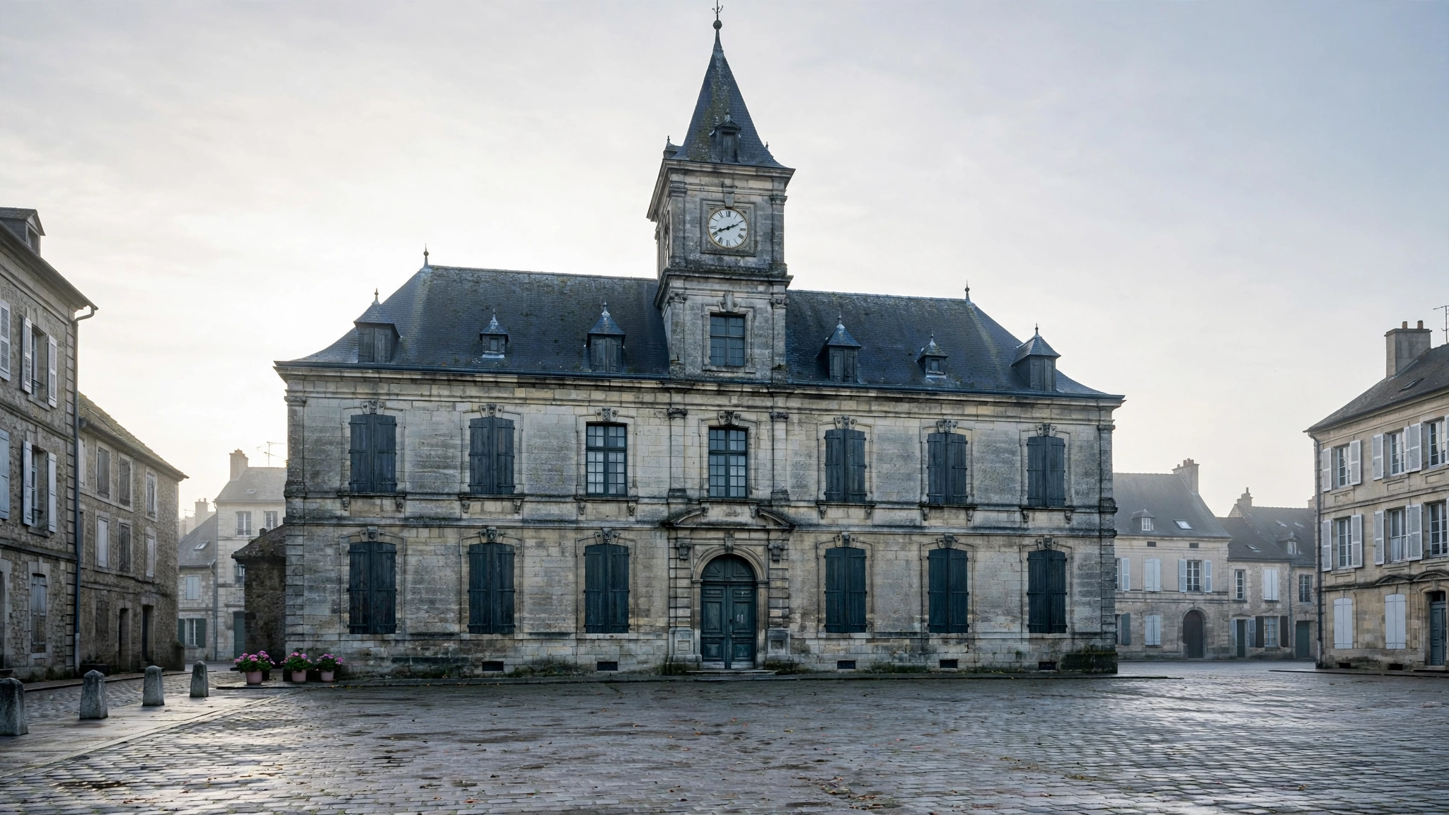 A stone French provincial city hall with a clock tower stands quiet on an empty plaza.