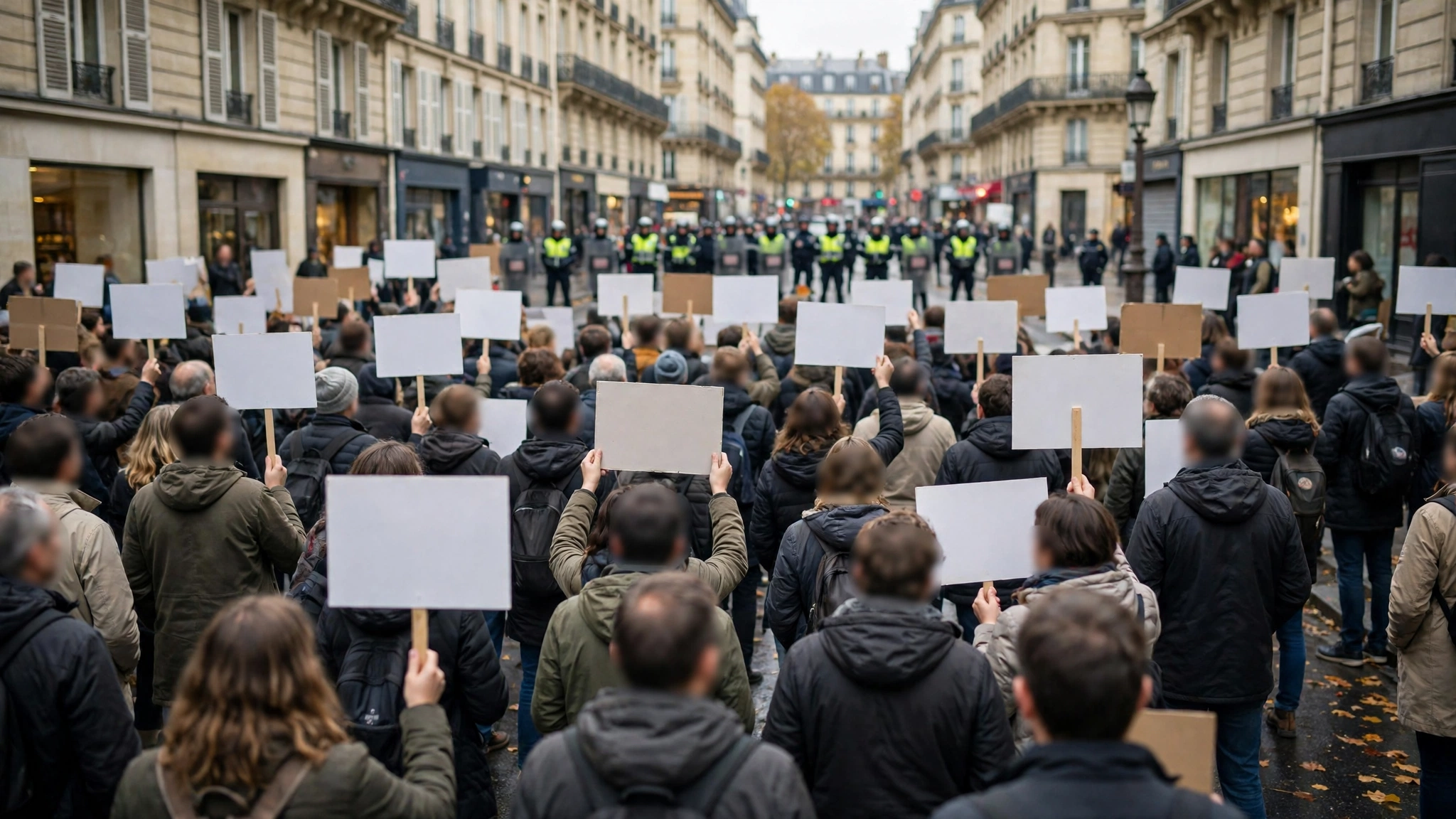 A crowd of demonstrators holding plain blank placards on a Paris street, facing a line of police officers in the distance